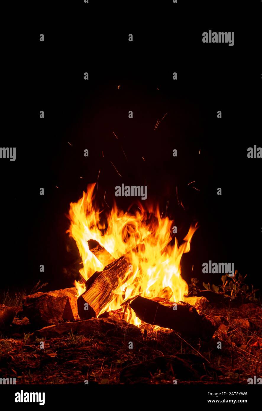 Campfire burning at dark night Stock Photo - Alamy