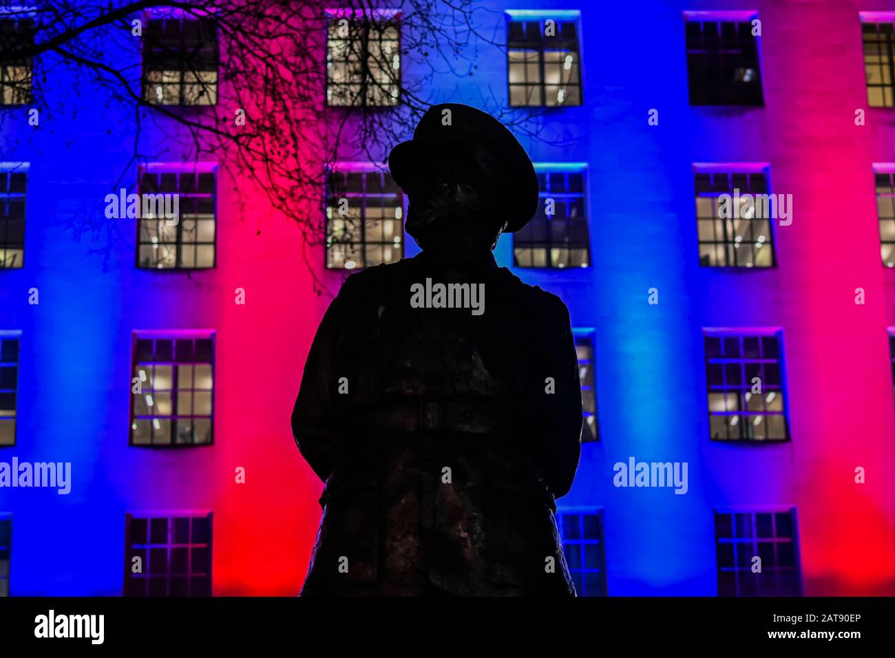 London, UK. 31st January, 2020. London, UK. 31st Jan, 2020. The MOD is lit up in red white and blue behind the statue of Field Marshall Allanbrooke - Leave supporters gather in Westminster to celebrate the day Britain officially leaves the EU. Credit: Guy Bell/Alamy Live News Stock Photo