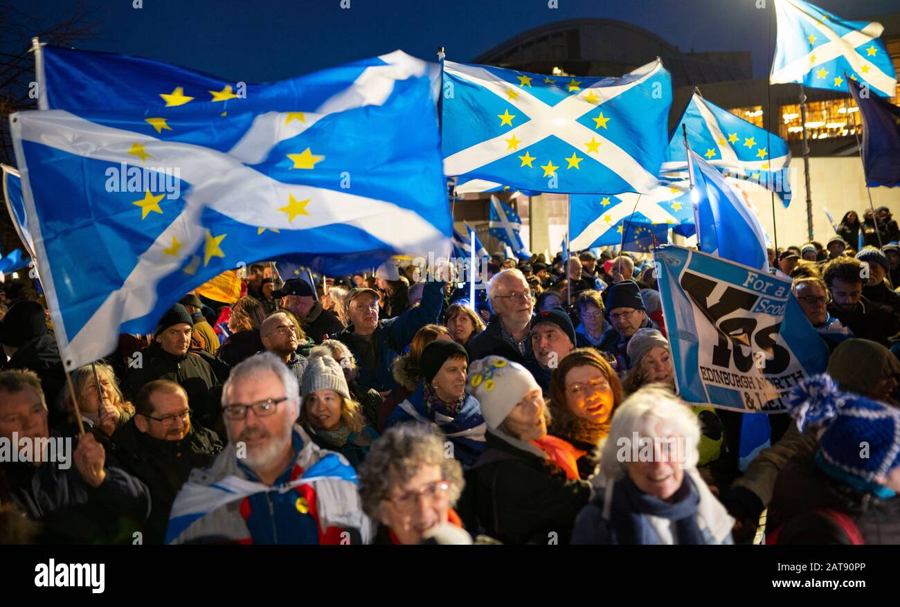Edinburgh, Scotland, UK. 31 January, 2020. On Brexit night hundreds of anti Brexit and pro Scottish Independence protesters gathered at the Scottish Parliament at Holyrood for “Missing EU Already” demo and to listen to speeches and demonstrate support for the European Union. Iain Masterton/Alamy Live News. Stock Photo