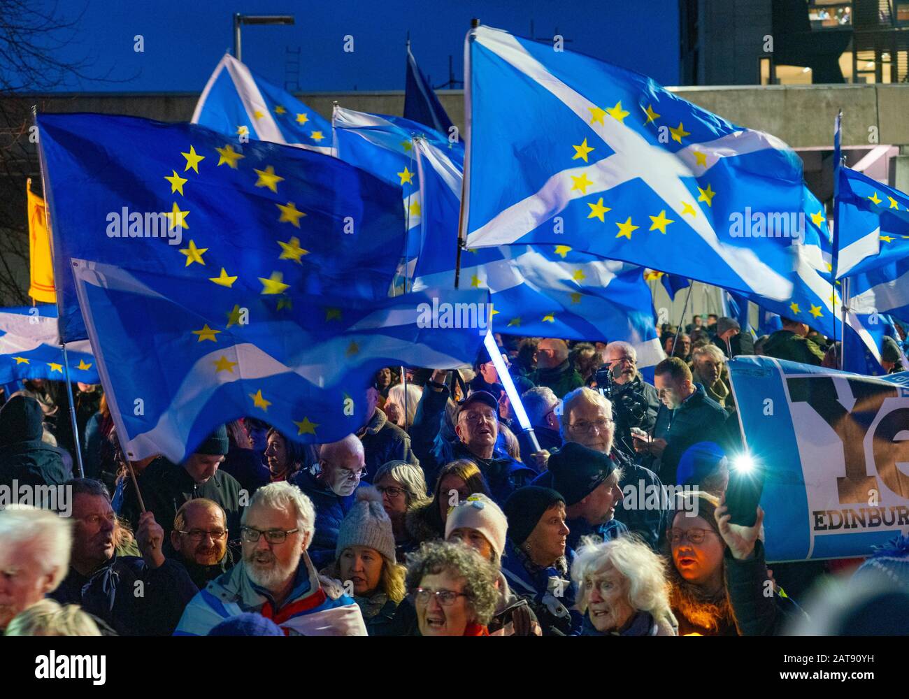 Edinburgh, Scotland, UK. 31 January, 2020. On Brexit night hundreds of anti Brexit and pro Scottish Independence protesters gathered at the Scottish Parliament at Holyrood for “Missing EU Already” demo and to listen to speeches and demonstrate support for the European Union. Iain Masterton/Alamy Live News. Stock Photo