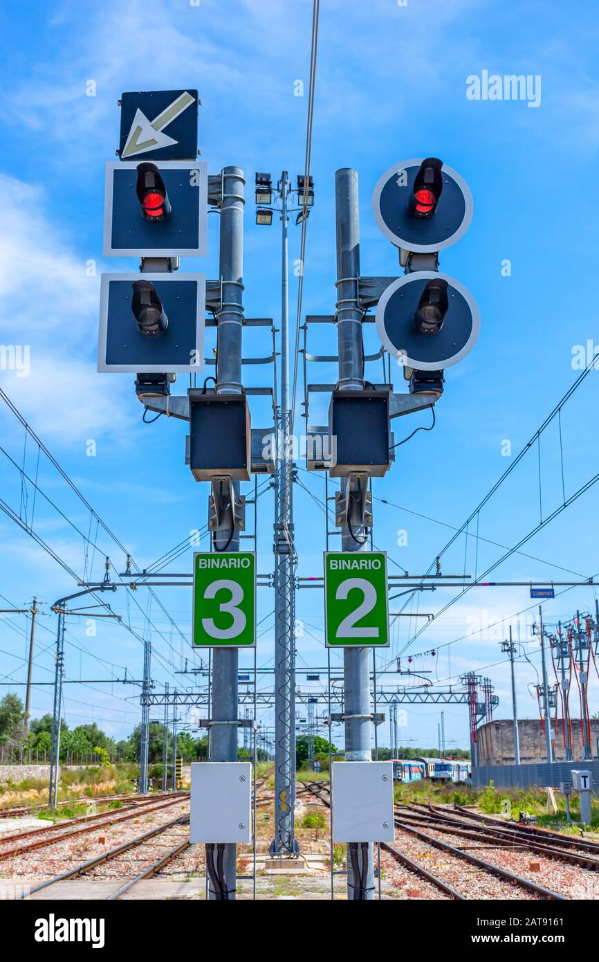 Italy, trellis to regulate railway traffic in the station Stock Photo