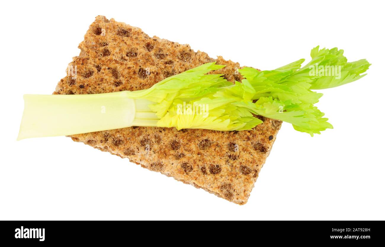 Crisp bread with celery stalk low calorie diet food isolated on a white