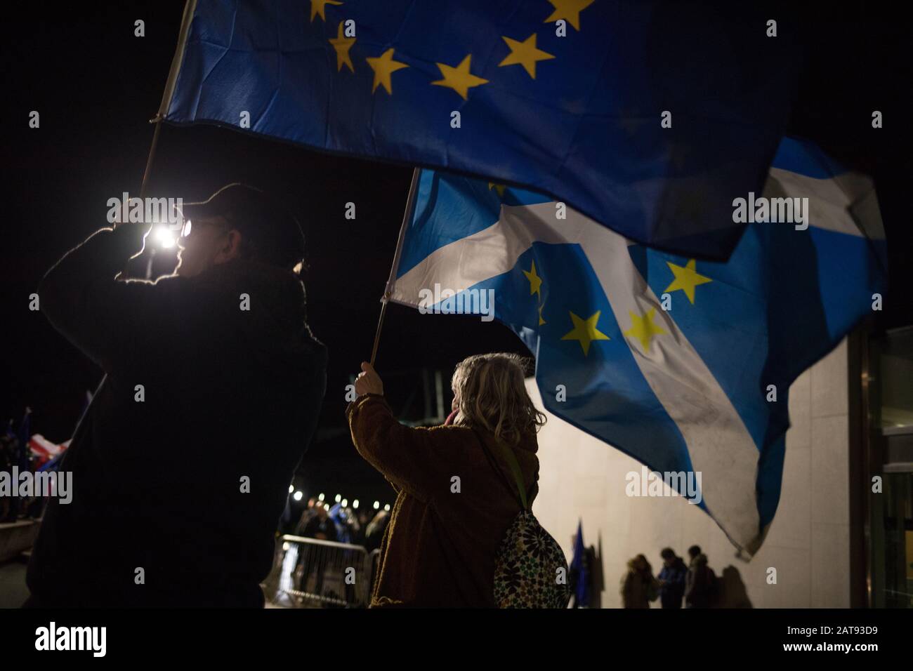 Edinburgh, UK. 31st Jan, 2020. 'Missing EU Already' Brexit Day Protest rally, outside the Scottish Parliament building on the evening that the United Kingdom leaves the European Union. Credit: jeremy sutton-hibbert/Alamy Live News Stock Photo