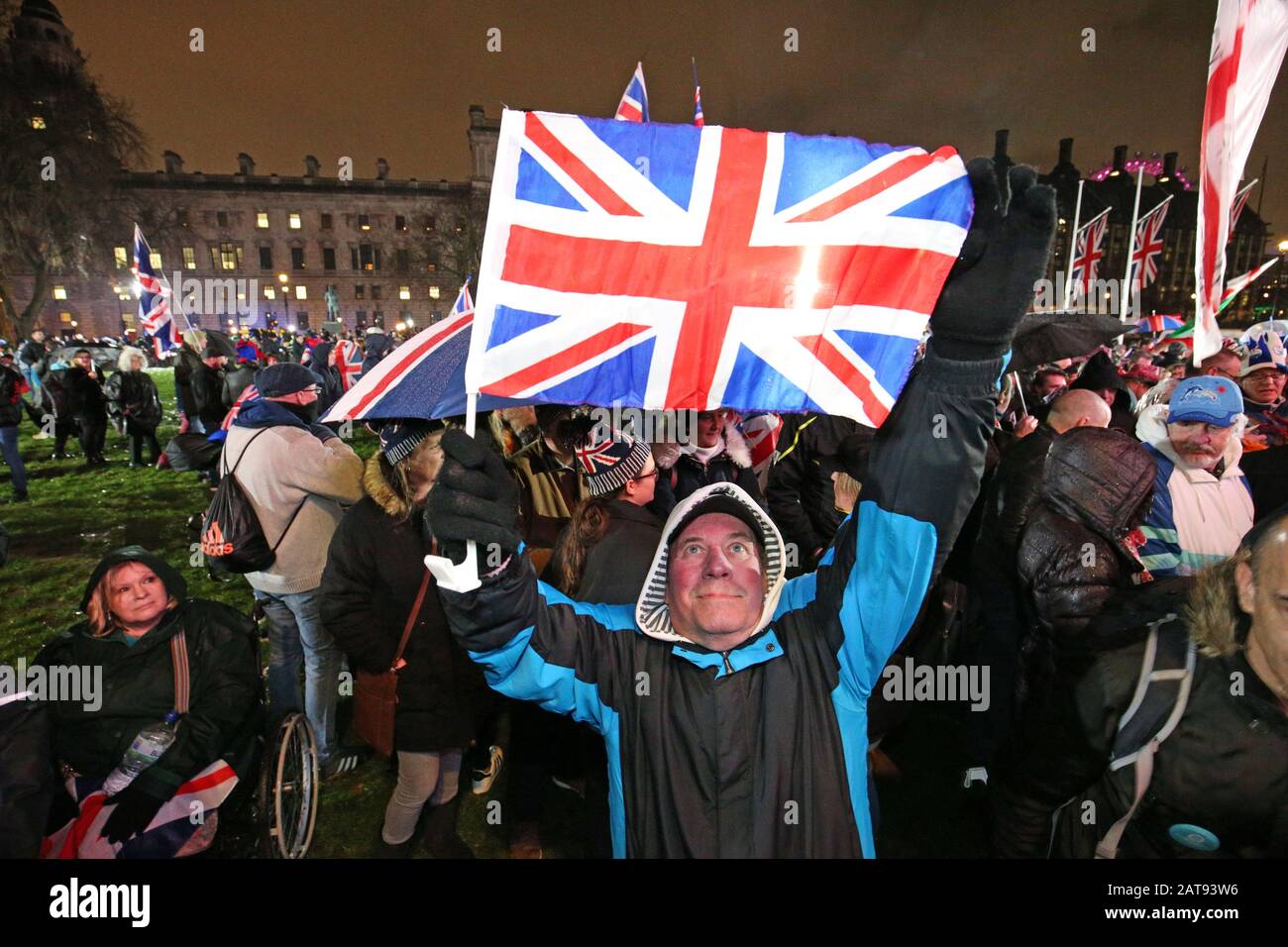 Pro-Brexit supporters in Parliament Square, London, ahead of the UK leaving the European Union at 11pm on Friday. Stock Photo