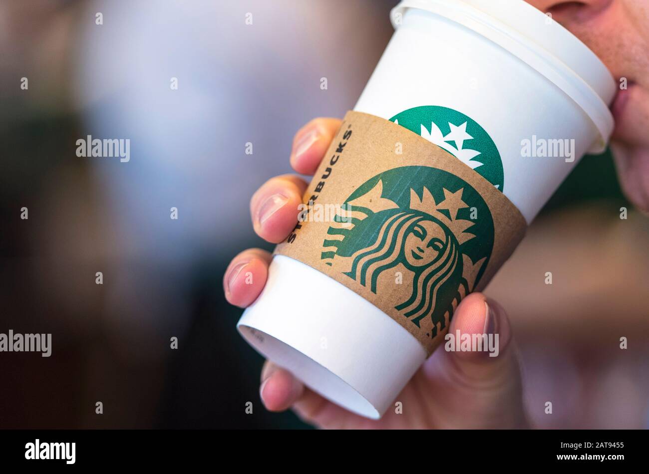 NEW - YORK - MAY 06: Man drinking beverage at the Starbucks cafe in New-York on May 06. 2017 in The USA Stock Photo