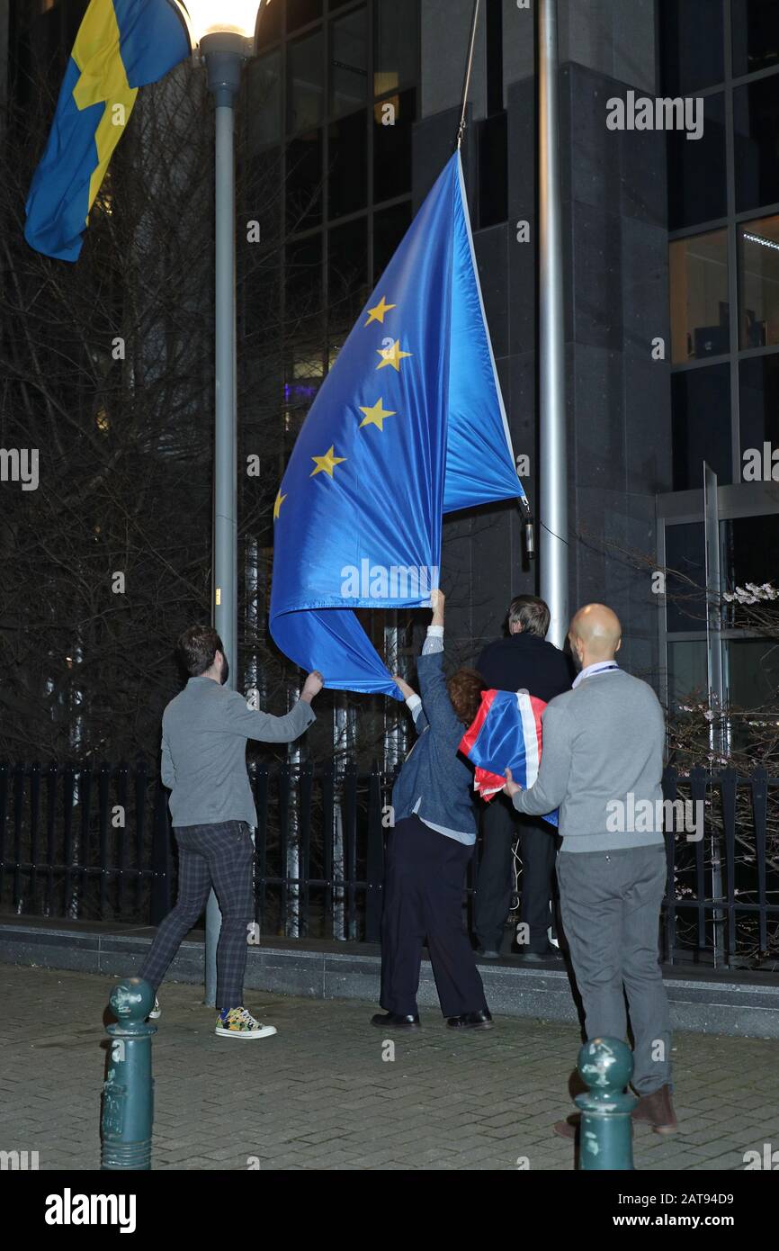 An EU flag is raised to replace the Union flag outside the European Parliament in Brussels, Belgium, ahead of the UK leaving the European Union at 11pm on Friday. Stock Photo