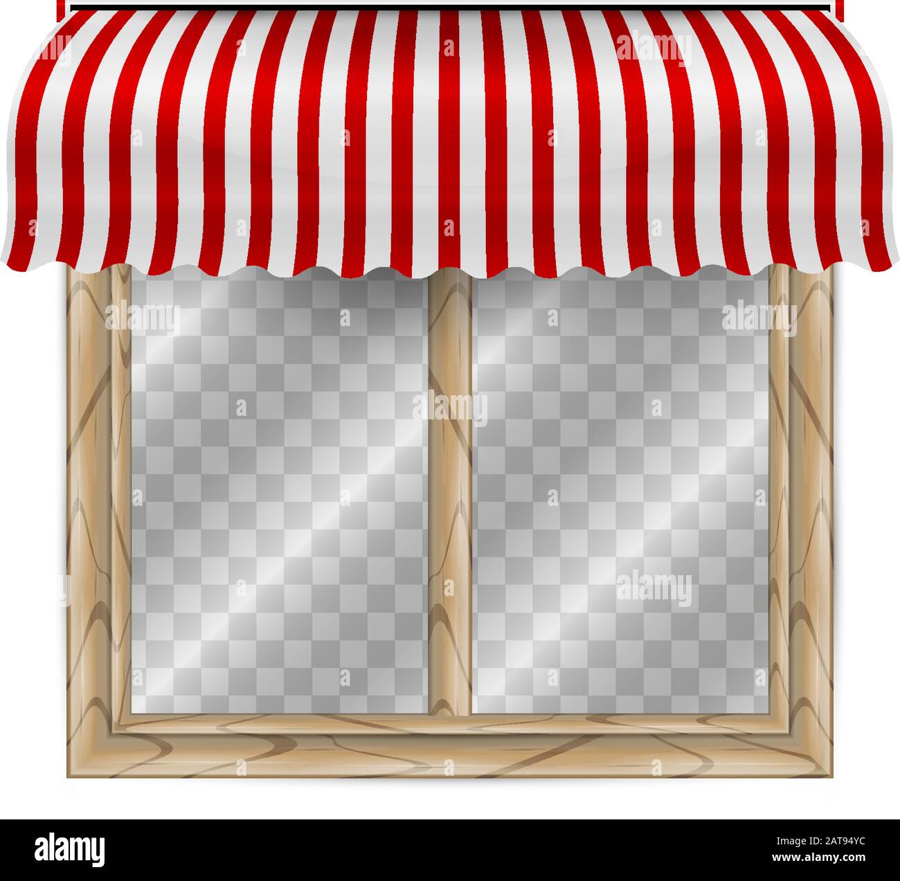 Double window frame with striped awning canopy. Vector illustration. Double wooden window with transparent background behind glass. Red and white stri Stock Vector