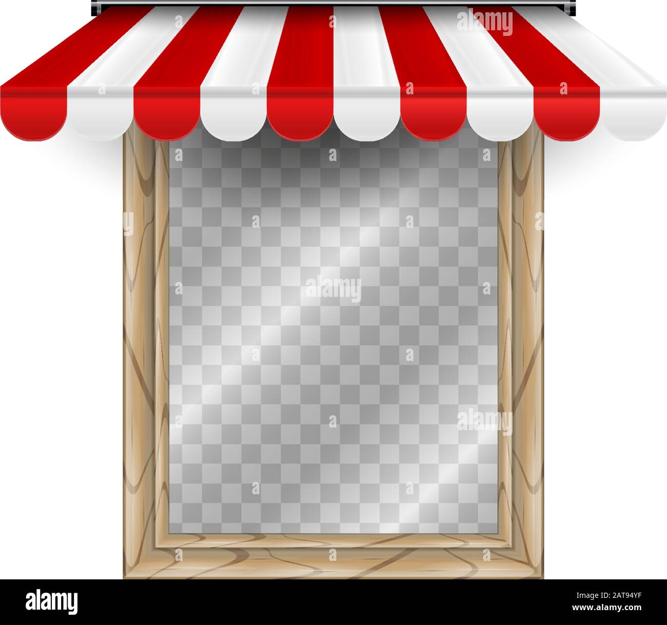 Straight striped awning above the window. Vector illustration. Wooden window with transparent background behind glass. Single wooden window frame. Stock Vector