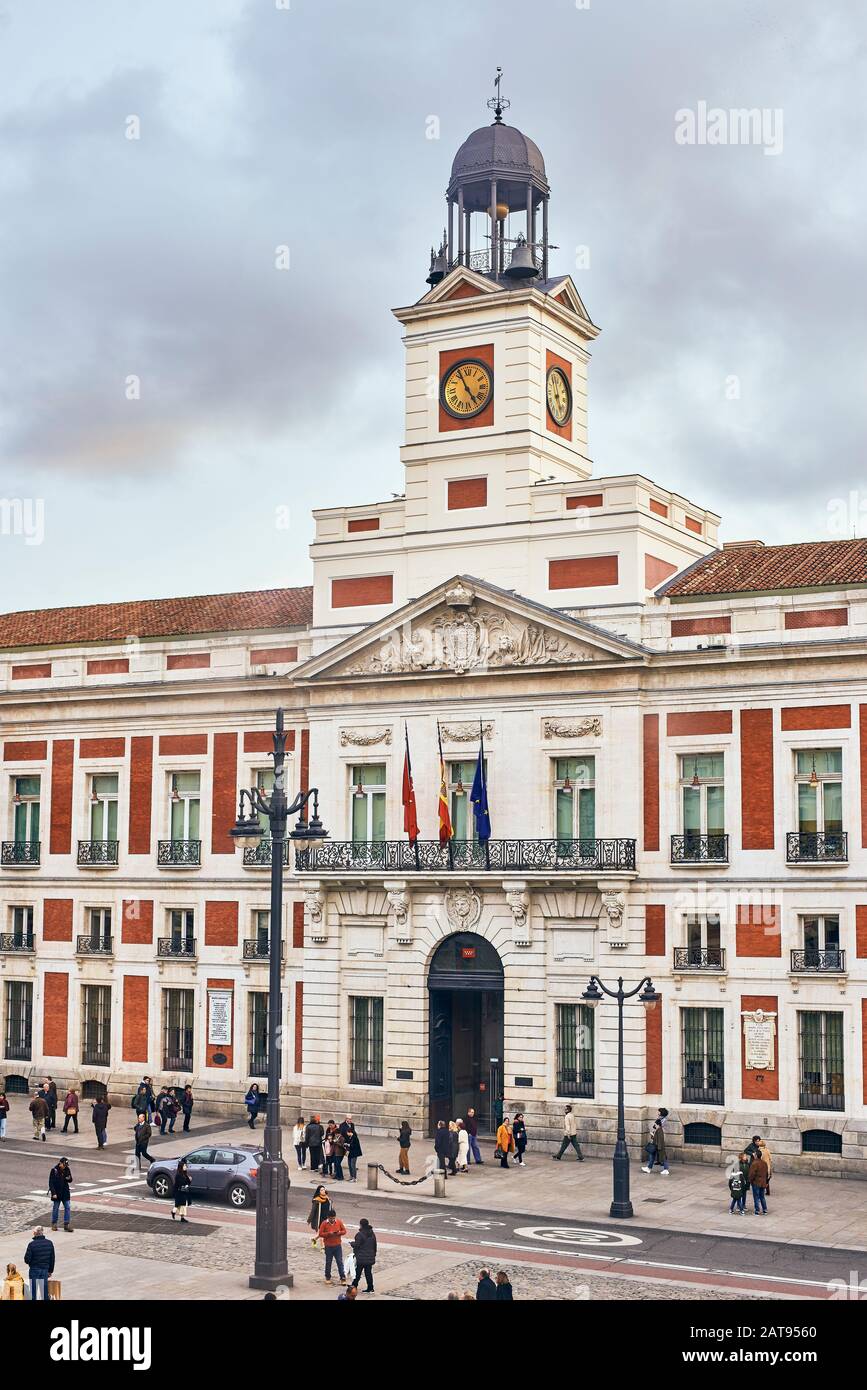Madrid, Spain - January 29, 2020. Principal facade of The Real Casa de Correos Palace (Royal Post Office) Puerta del Sol square, Madrid. Spain. Stock Photo