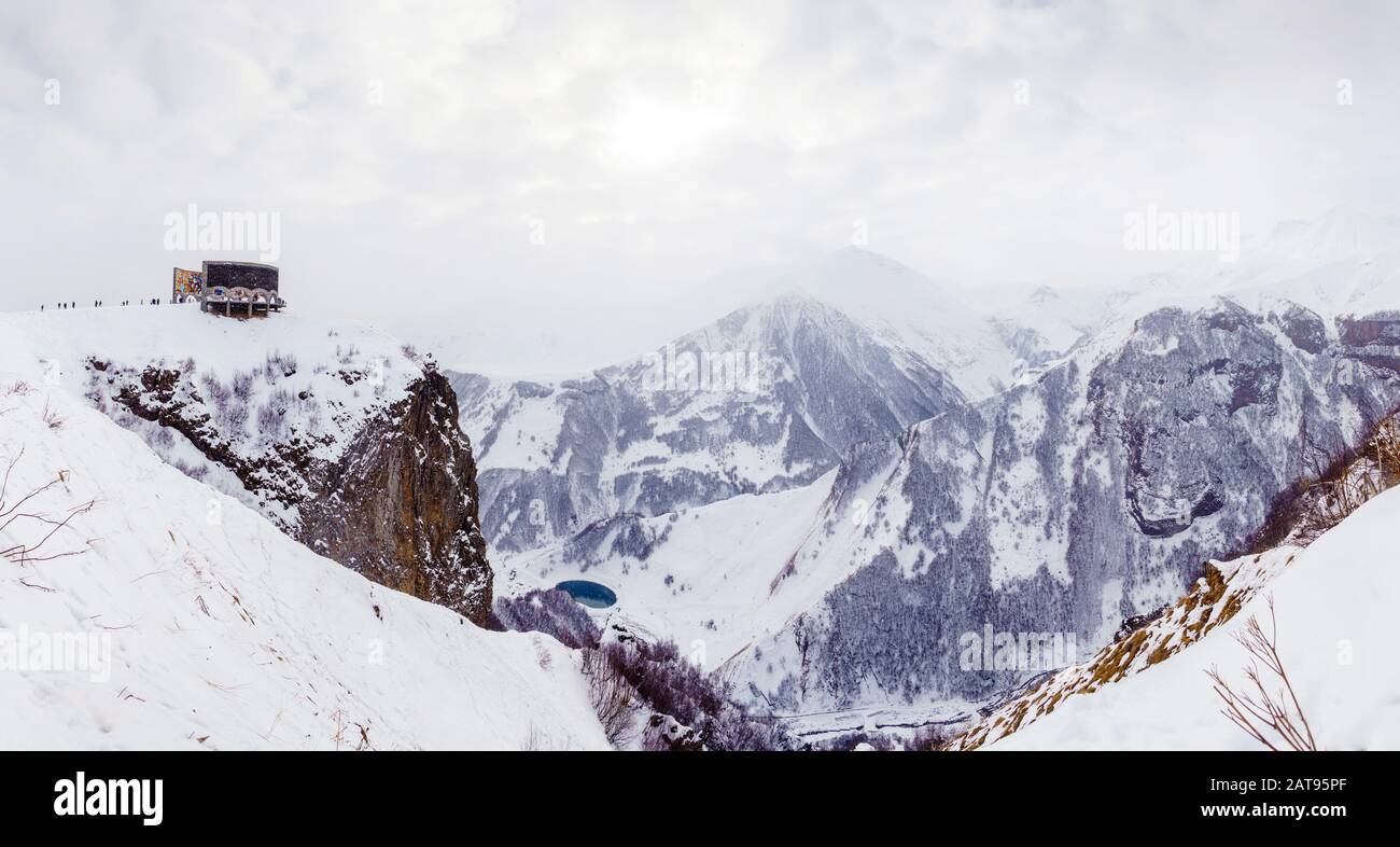 Panorama of Cross pass, Winter. The monument of Friendship of