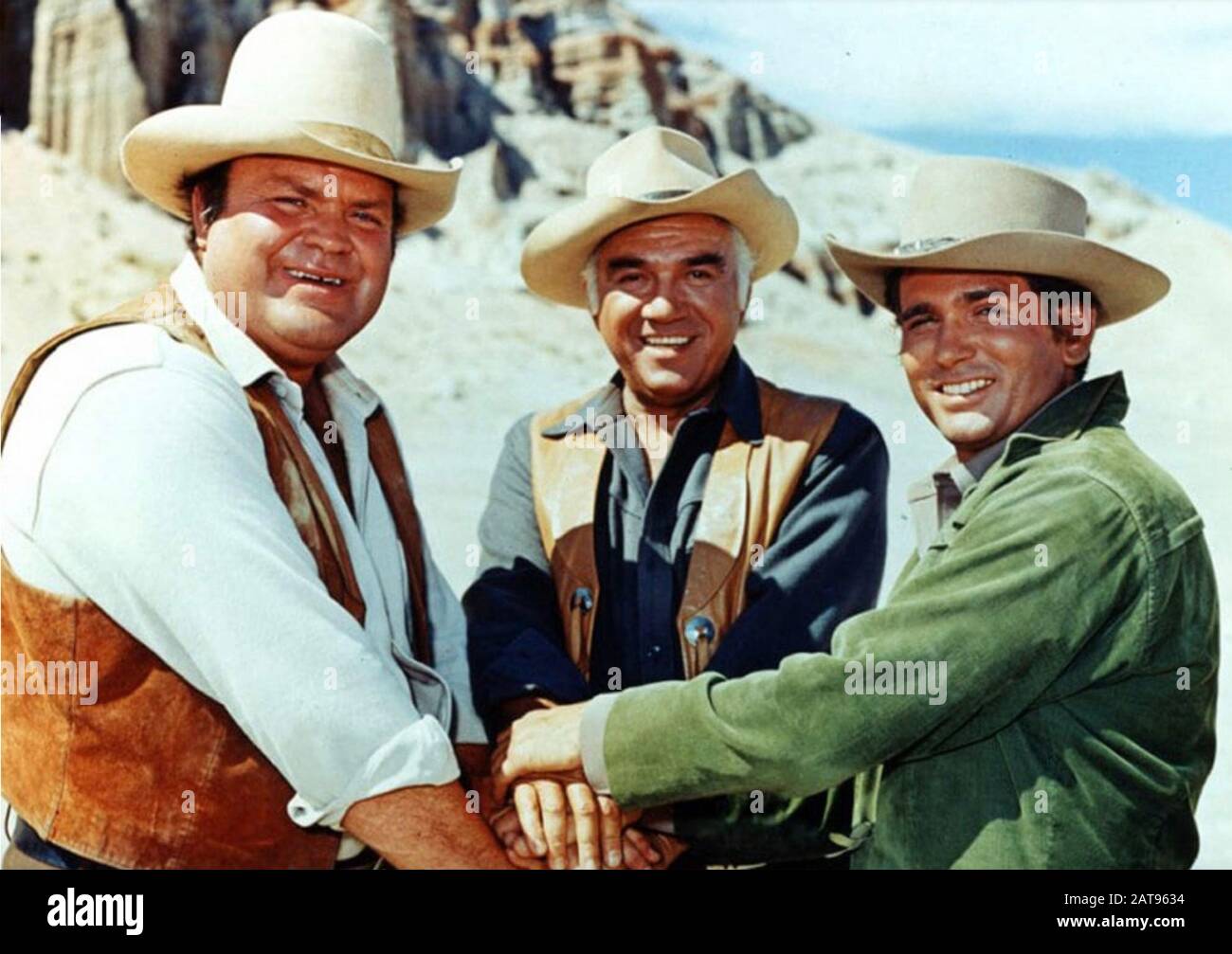 BONANZA NBC TV series 1959-1973. From left: Dan Blocker, Lorne Greene, Michael Landon Stock Photo - Alamy