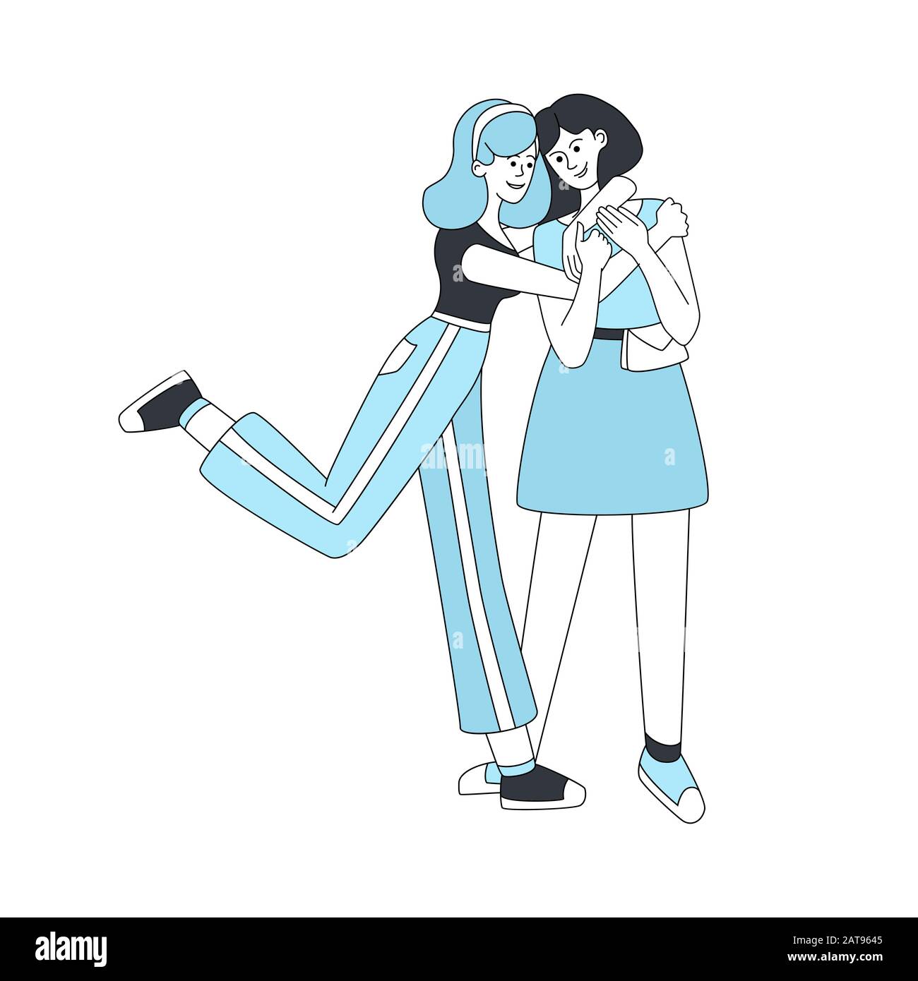 Two hugging girls vector cartoon illustration. Woman friendship, smiling  young people isolated lineart characters in blue. Best friends friends  greeting concept isolated on white background Stock Vector Image & Art -  Alamy