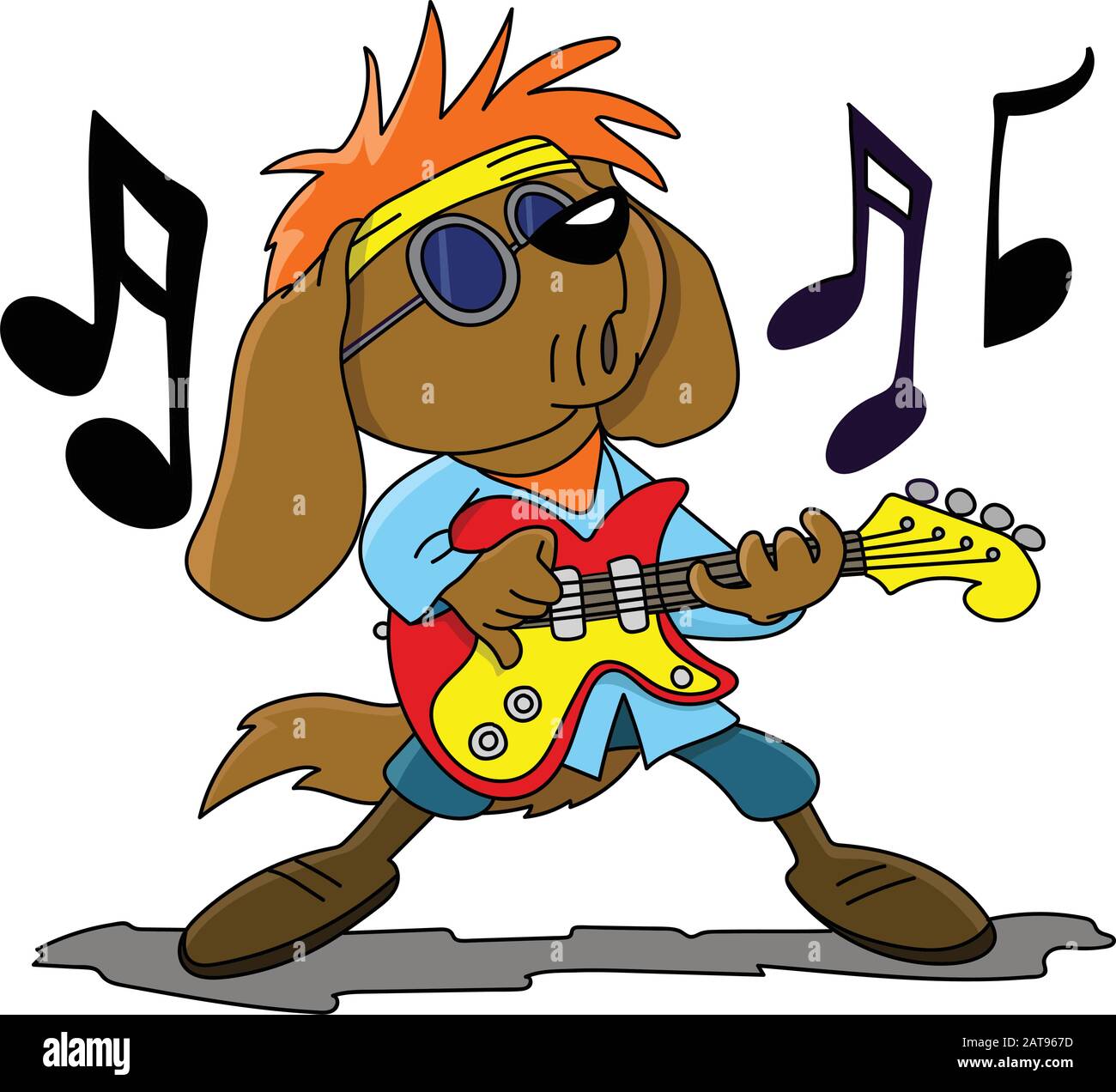 Brown cartoon dog playing electronic guitar and singing rock and roll vector illustration Stock Vector