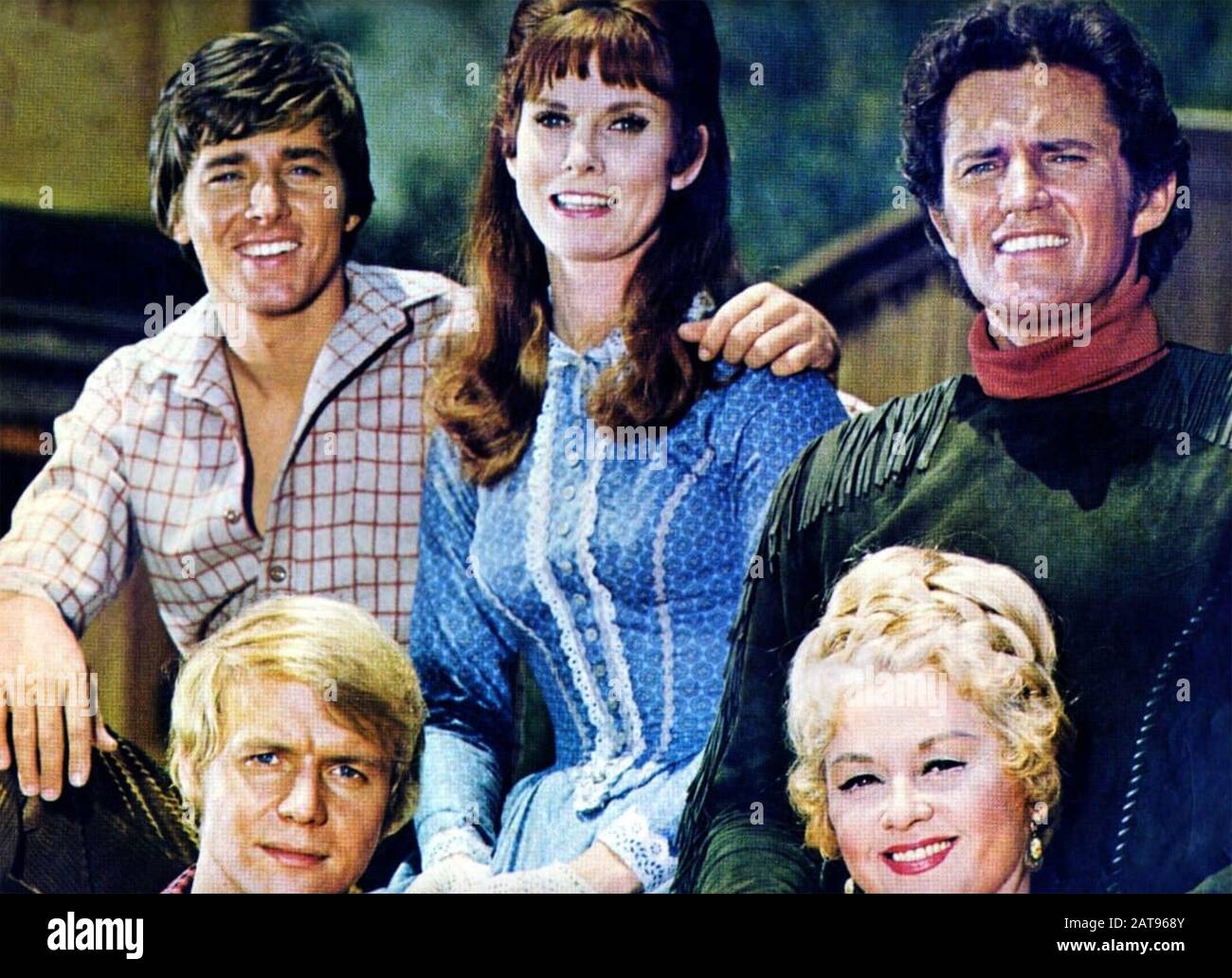 HERE COME THE BRIDES Screen Gems/Sony Pictures Television comedy Western TV series 1968-1970. From left: Bobby Sherman, David Soul, Bridget Hanley, Joan Blondell, Robert Brown Stock Photo