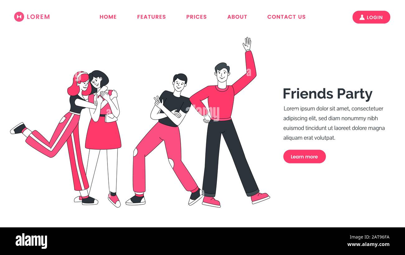Friends party landing page vector template. Teamwork website flat concept. Happy smiling young people waving hands, hugging girls, friends in welcoming pose cartoon characters with text space. Stock Vector