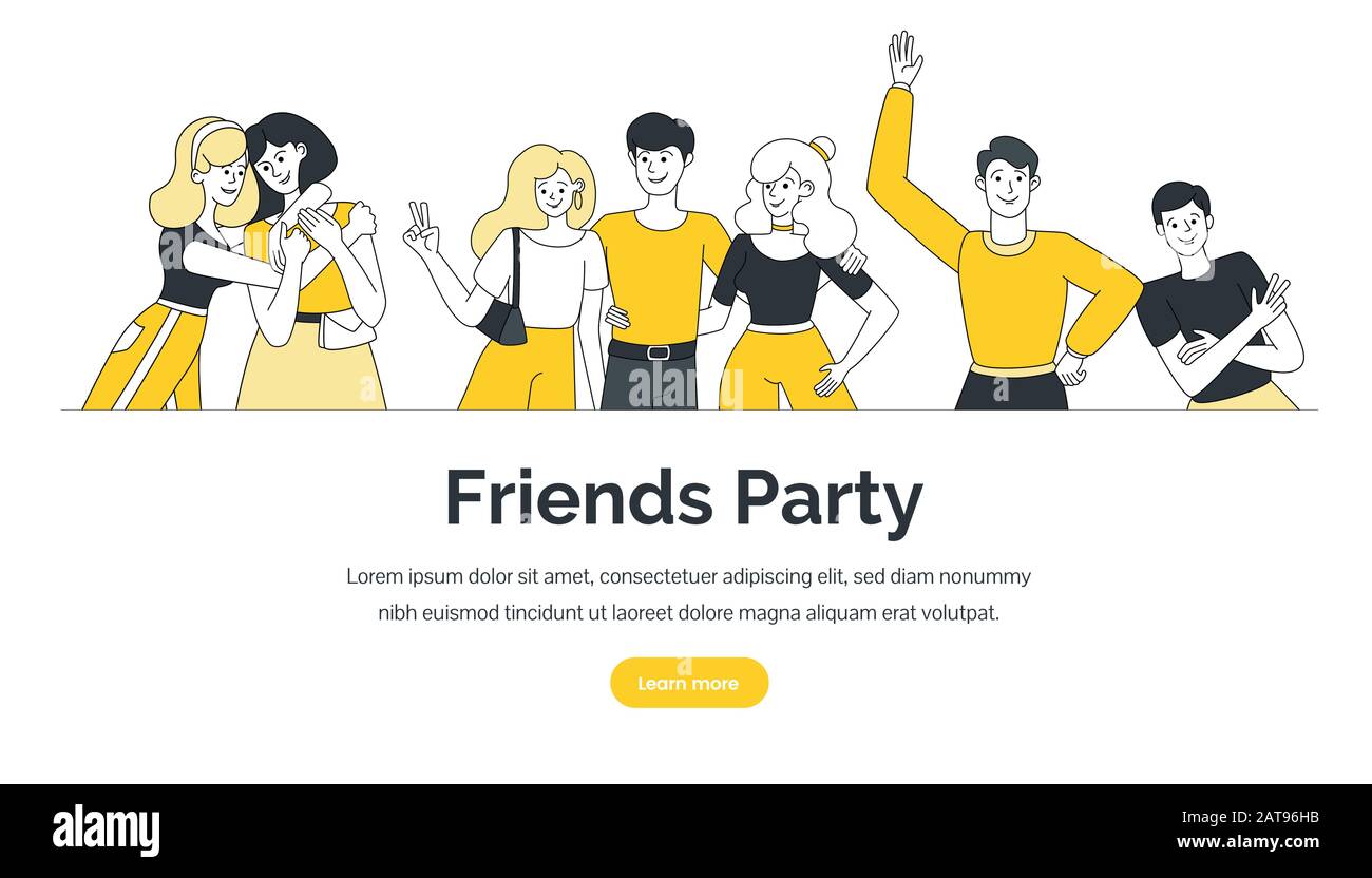 Friends party landing page vector template. Happy young people waving hands, hugging, standing in welcoming pose cartoon characters with text space. Team building company website page cartoon concept. Stock Vector