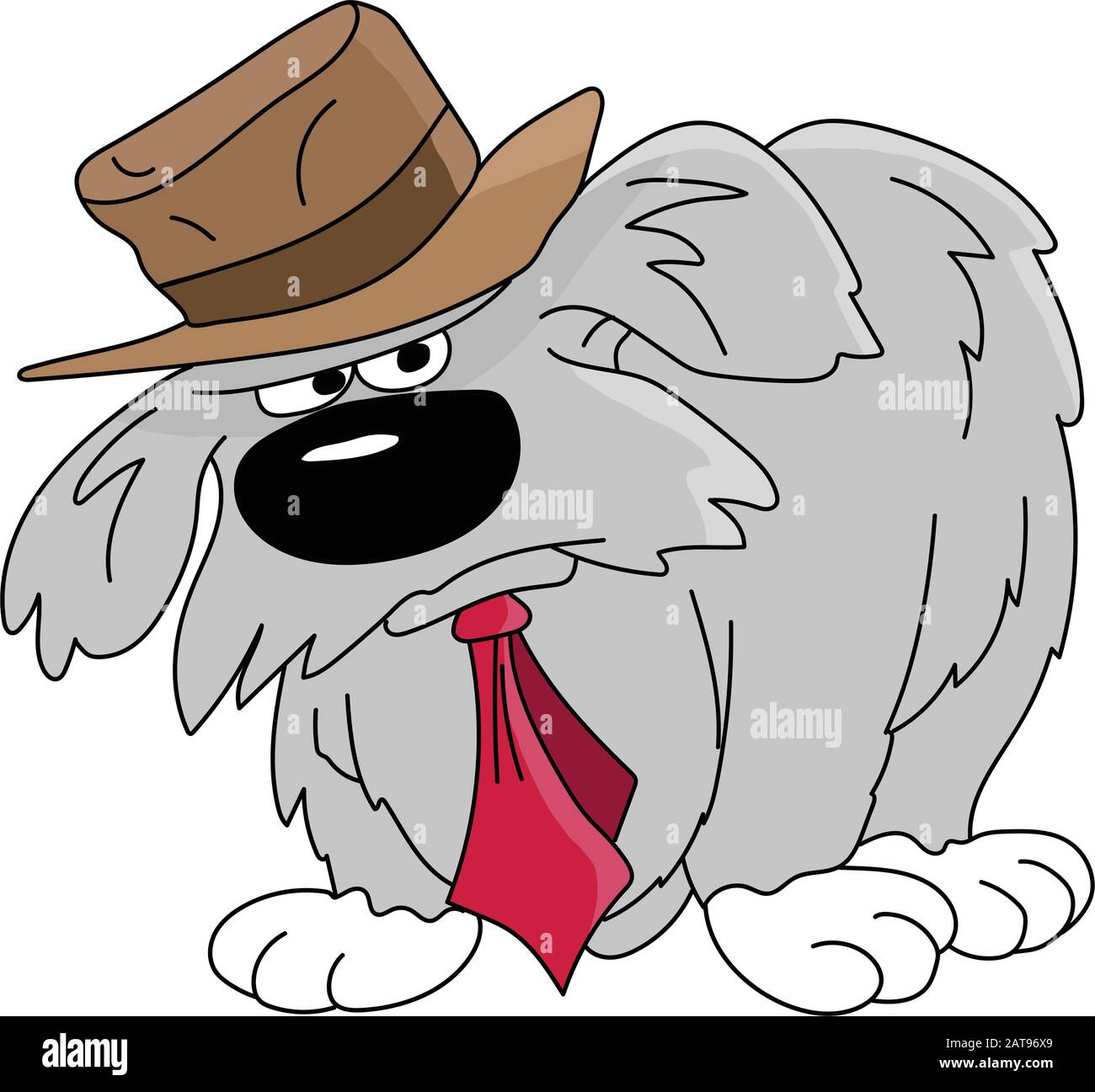 Cartoon grumpy old dog wearing a brown hat and a red tie vector