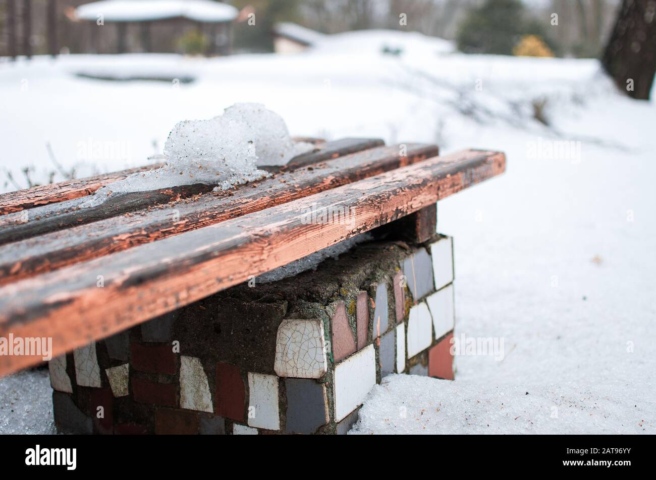 snow bench in the park. Template for design. Copy space. Stock Photo