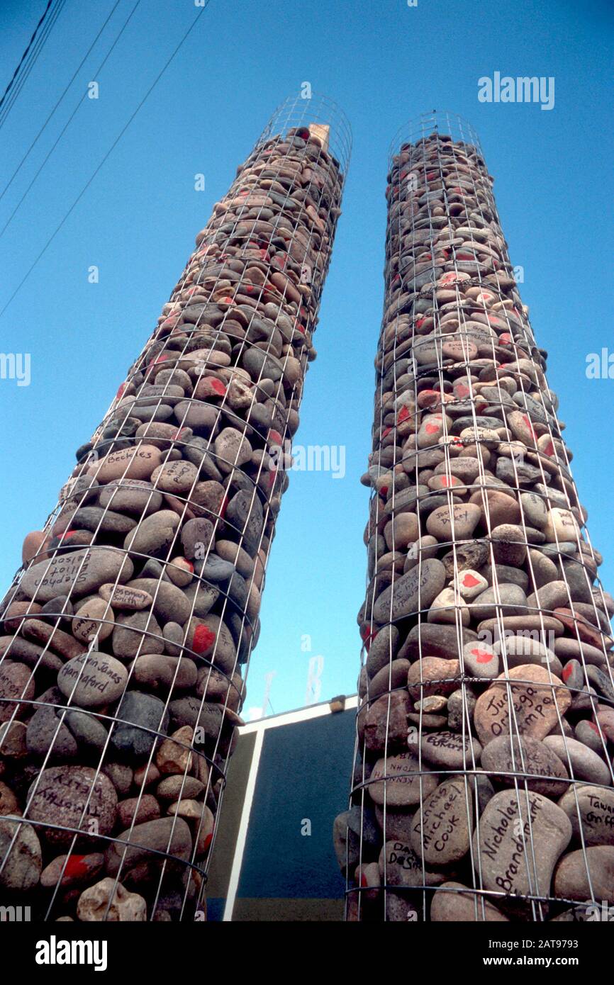 Austin, Texas 02NOV01: An Austin artist built 10-foot replicas of the World Trade Center towers out of rocks--one for each victim of the tragedy --outside an Austin business. ©Bob Daemmrich/, Inc. 2001 Stock Photo
