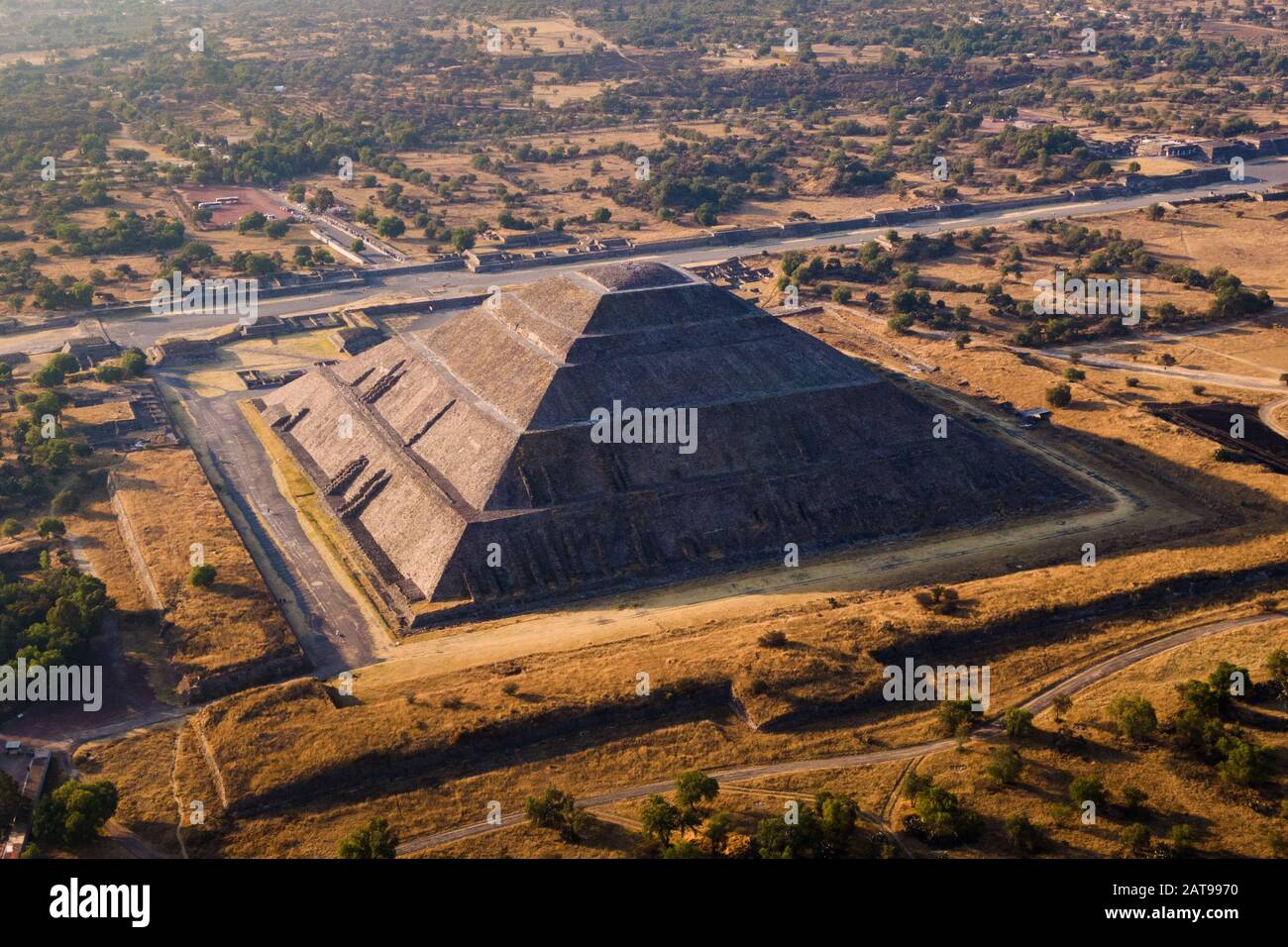 Aerial view of the Pyramid of the Sun at sunset at the ancient Aztec city of Teotihuacan, Mexico. Stock Photo
