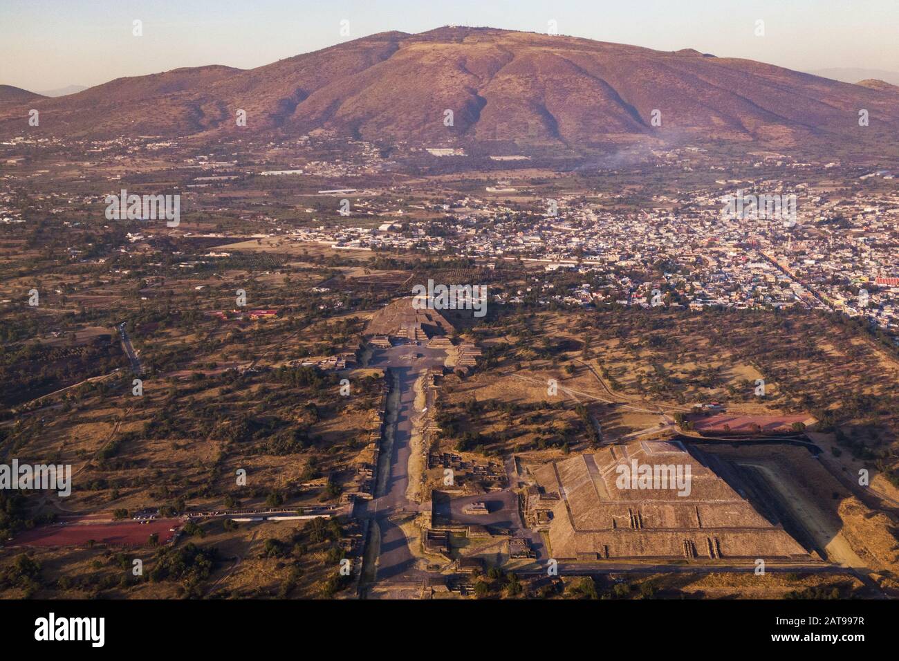 Aerial view of the ancient Aztec city of Teotihuacan at sunset, Mexico. Stock Photo