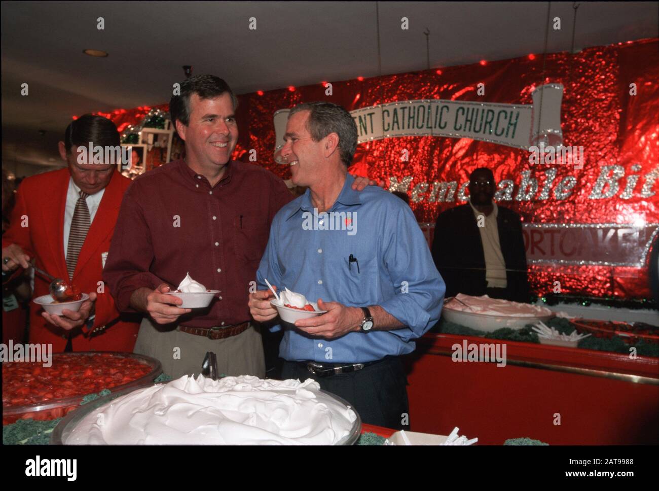 Plant City, Florida: Texas Gov. George W. Bush campaigns for president at  the Florida Strawberry Festival alongside his brother and Florida Gov. Jeb Bush. March 12, 2000 ©Bob Daemmrich Stock Photo