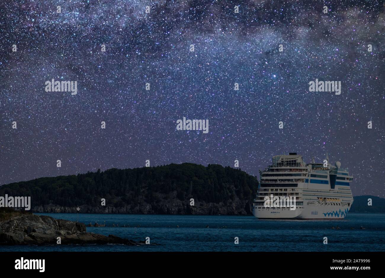cruise ship aida diva in bar harbor maine with milky way sky starfield  starscape Stock Photo - Alamy