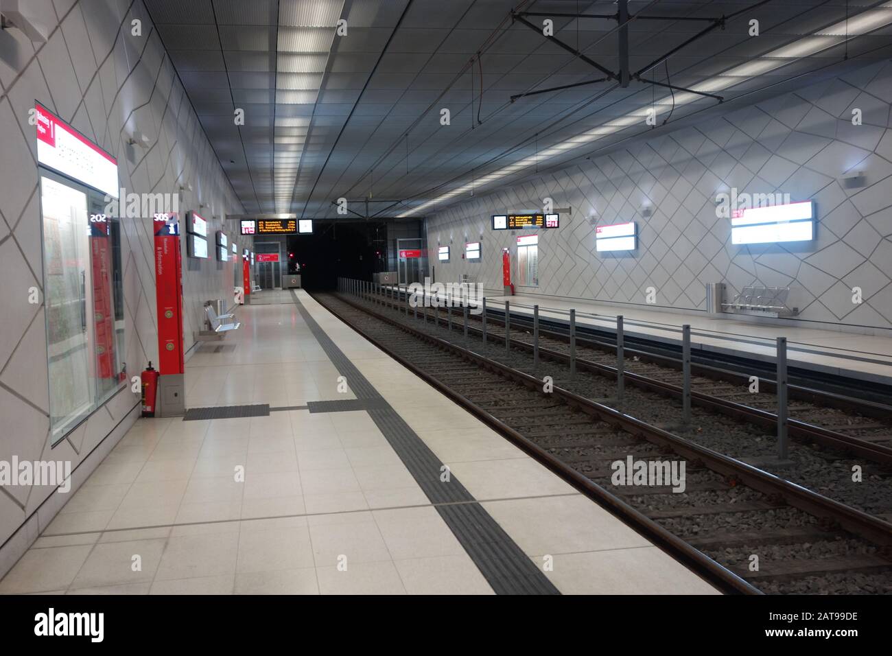 An underground metro station in Dusseldorf, Germany. The platform empty. Stock Photo