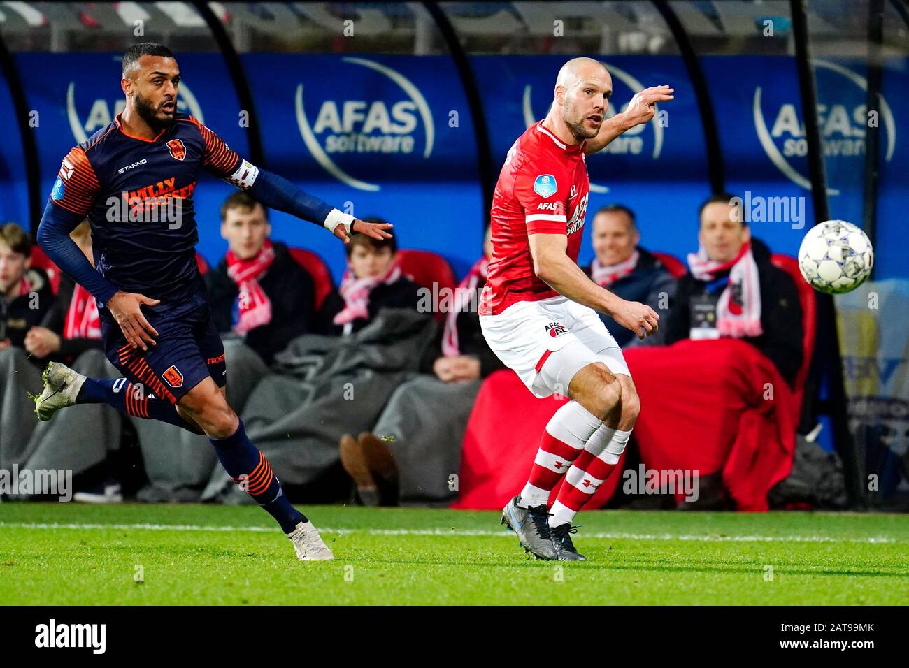 ALKMAAR , 31-01-2020 , AFAS Stadium, season 2019 / 2020. Dutch Eredivisie Football AZ - RKC Waalwijk 4-0. AZ player Ron Vlaar and RKC captain Mario Bilate Stock Photo