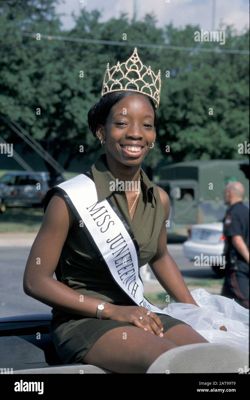 Austin, Texas: Miss Juneteenth 2001 smiles at crowds at the Juneteenth parade. ©Bob Daemmrich Stock Photo