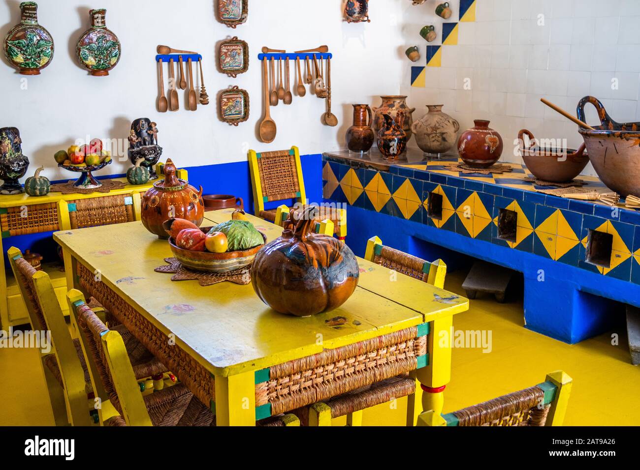 Kitchen in the Blue House aka Casa Azul, a historic house and art museum dedicated to the life and work of Mexican artist Frida Kahlo in Mexico City. Stock Photo