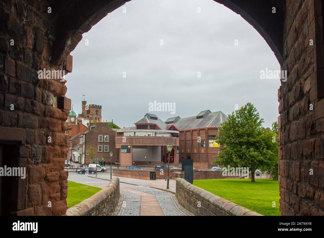 Look towards Town Center through Castle Gate Stock Photo