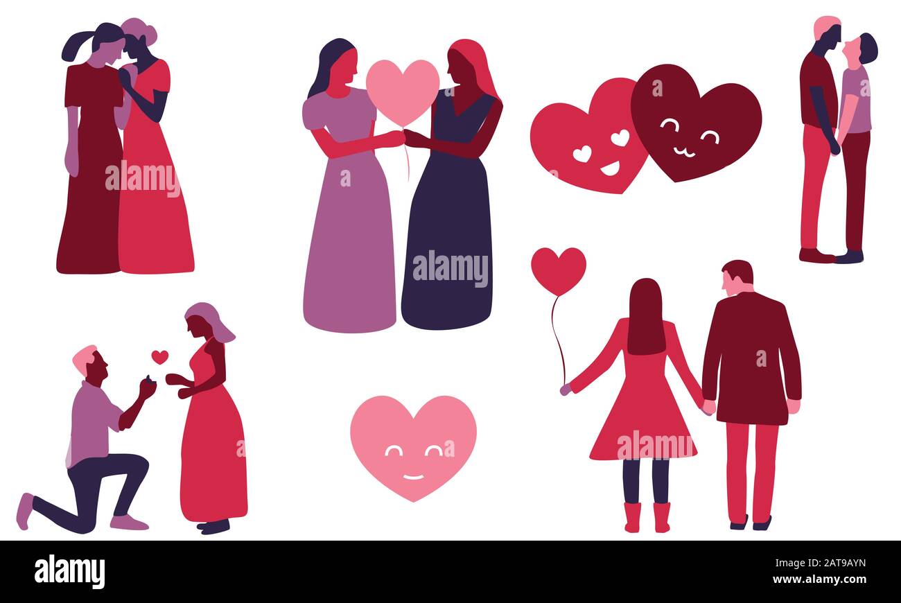 Diverse and inclusive illustrations of couples in love and hearts. Includes gay couples holding hands holding balloon and straight couples proposing. Stock Vector