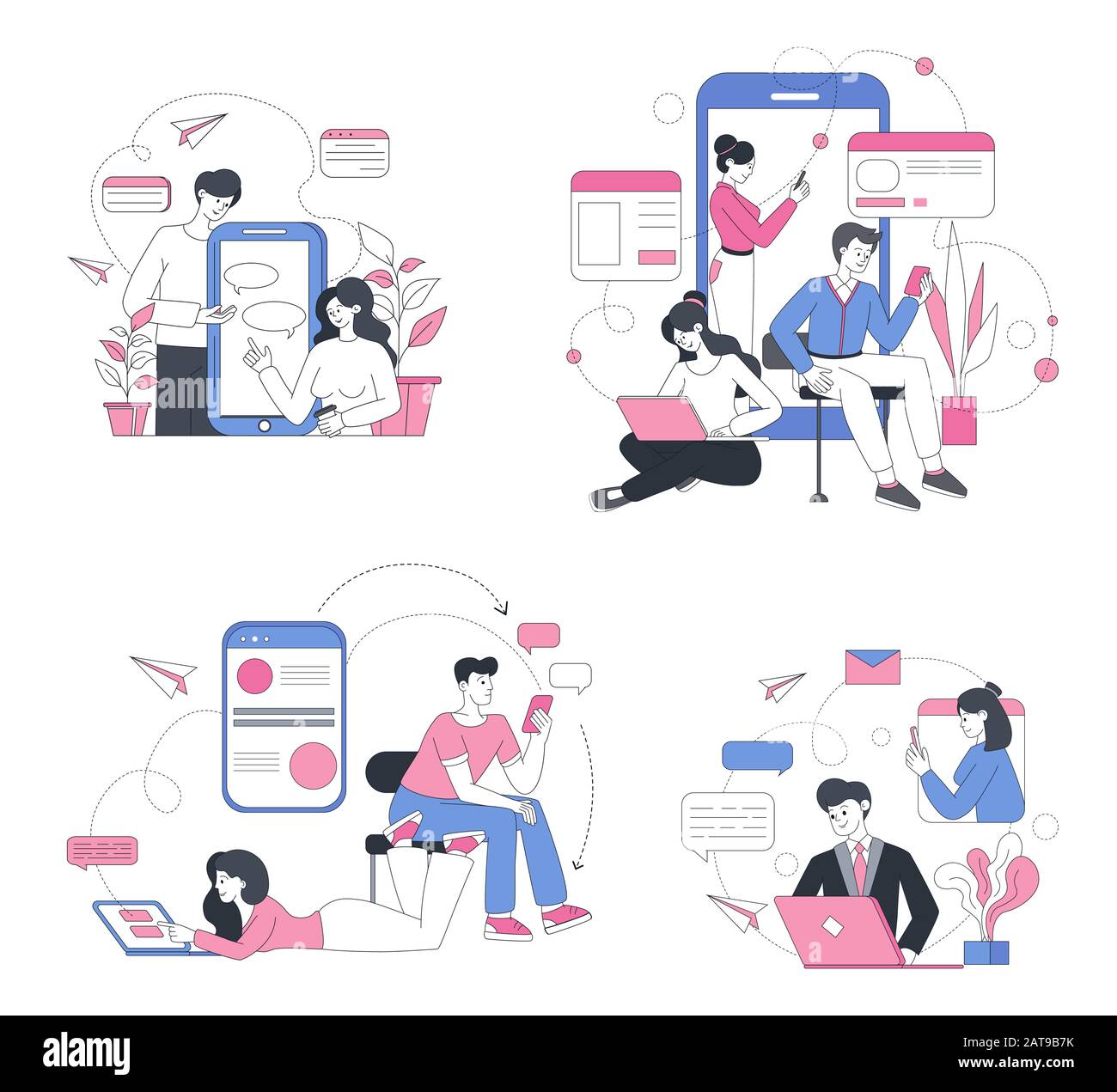 Online chatting outline vector concept illustrations. Social media modern communication, internet forum, messaging and sharing. People typing messages, networking lineart characters set Stock Vector