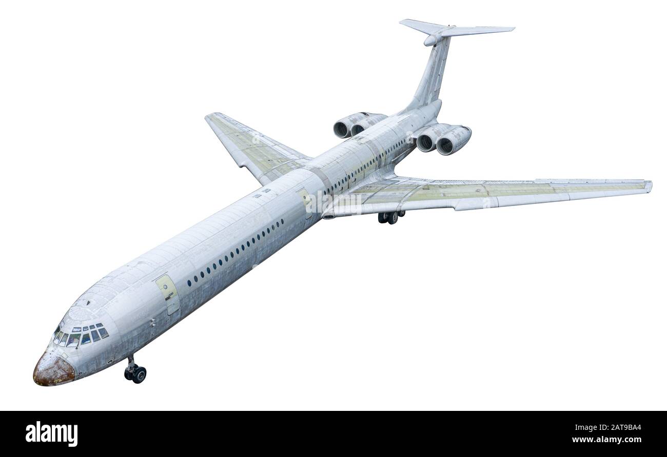 Big old passenger plane, with four engines on a white background Stock Photo