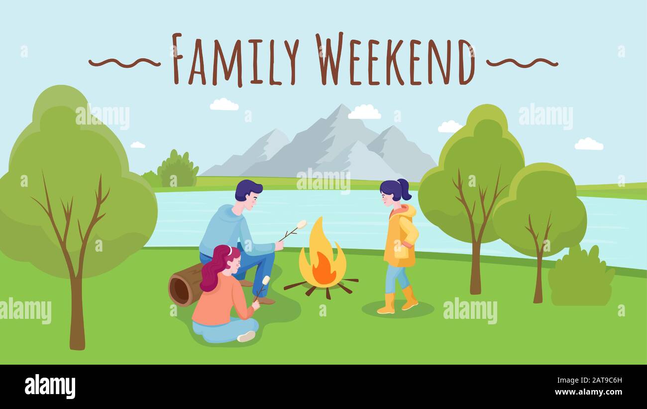 Family weekend banner design. People at summer picnic spending time