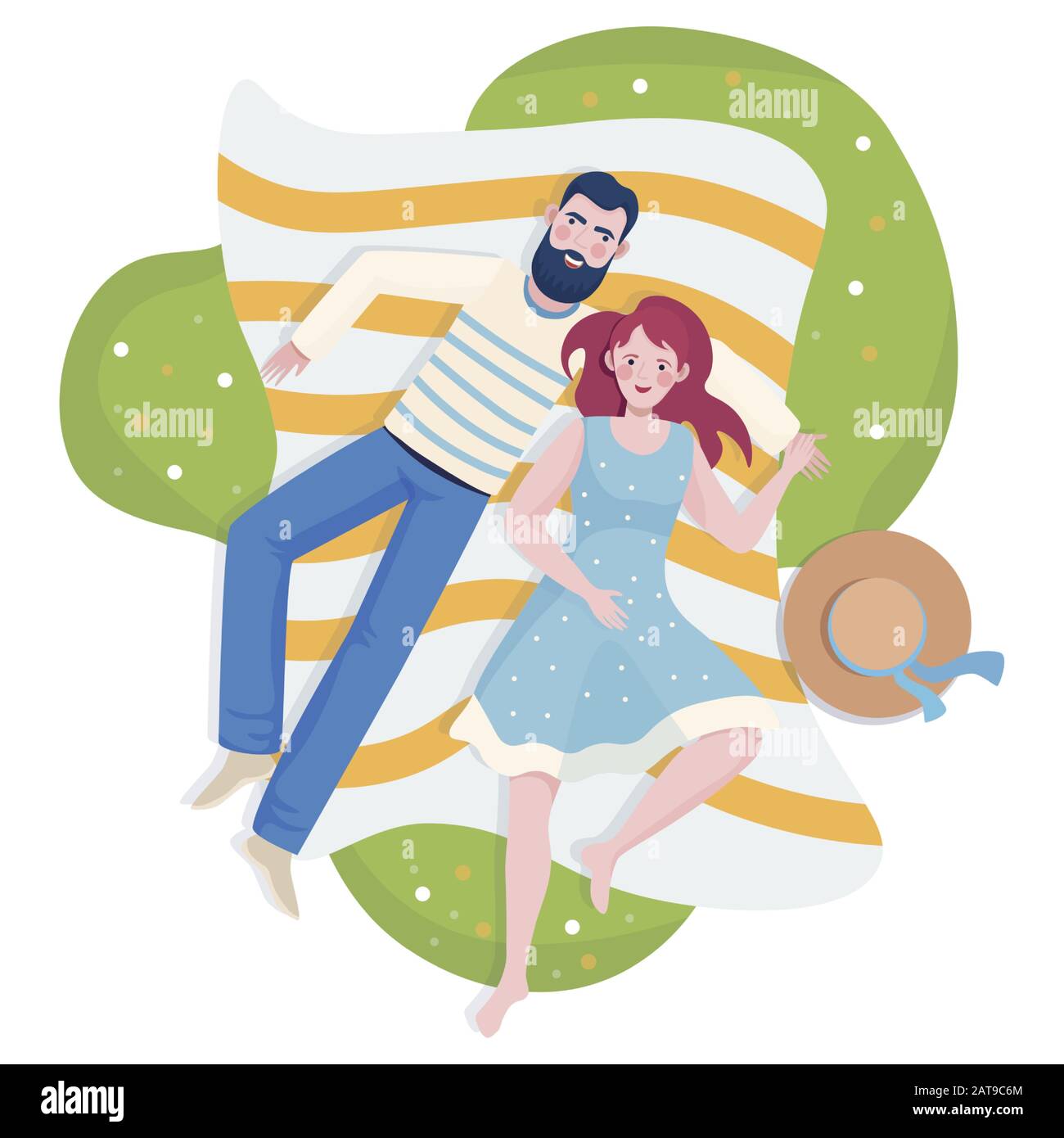 Happy couple, man and woman spending time together lying on the grass and relaxing at a summer weekends or vacation outdoor. People in summer clothes, summer day vector flat illustration. Stock Vector