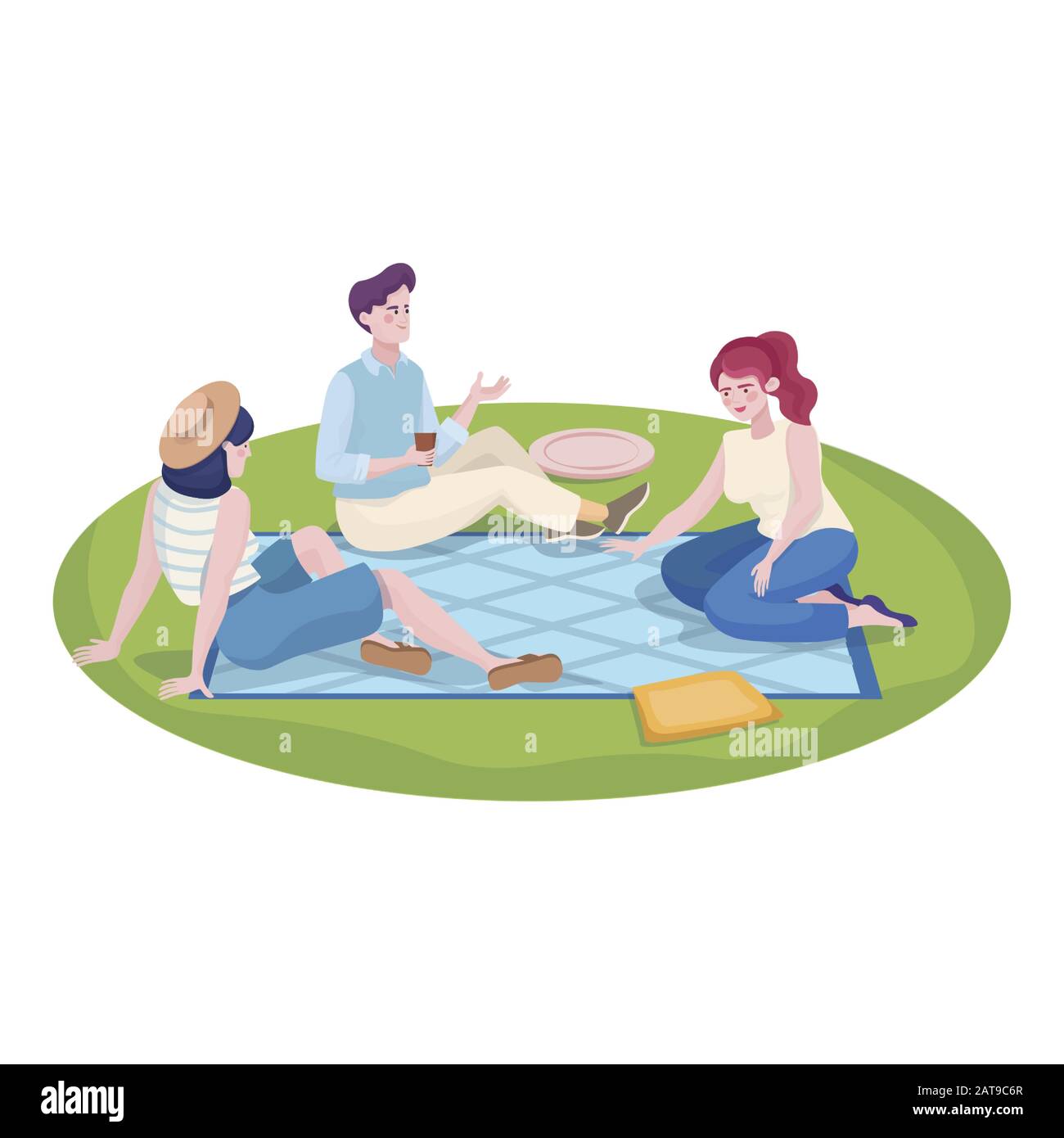 Best friends spending time together at summer picnic and relaxing at summer weekends or vacation outdoor. Young man and two girls in comfortable clothes, summer day vector flat illustration. Stock Vector