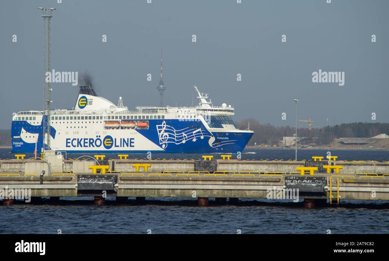 20 April 2019, Tallinn, Estonia. High-speed passenger and car ferry of the Finnish shipping concern Eckerö Line Finlandia in the port of Tallinn. Stock Photo