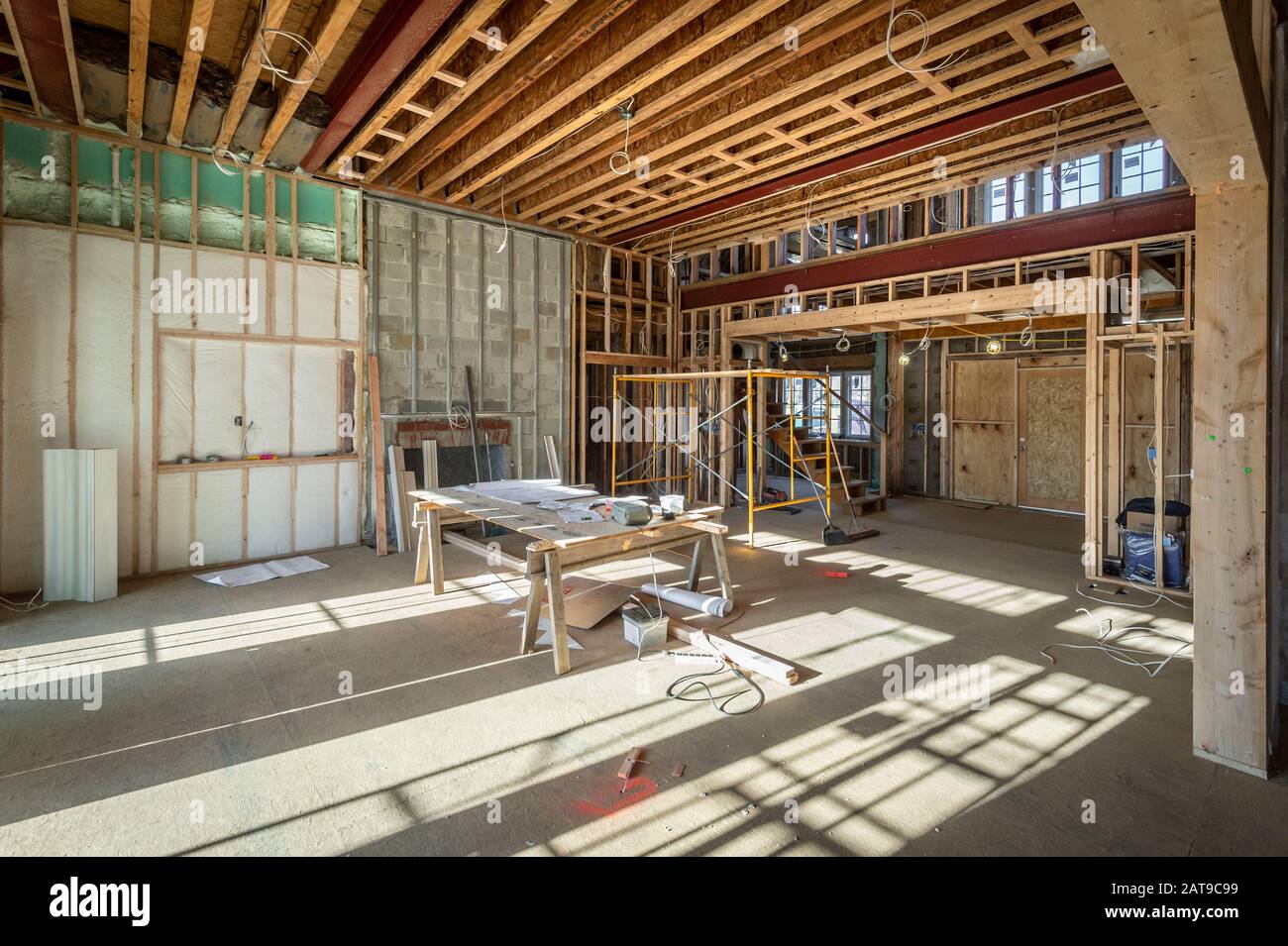 Wooden Framing Interior Of Residential House Construction, USA Stock Photo