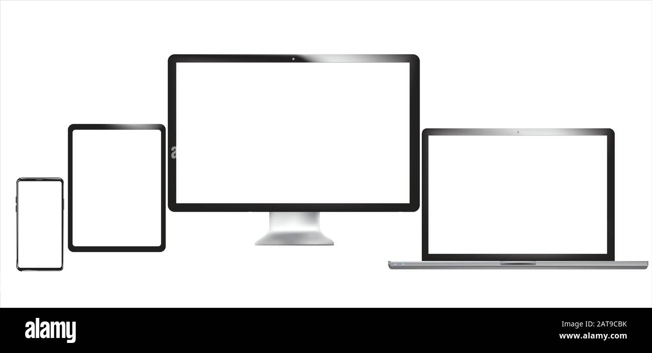 Set of realistic computer monitors, laptops, tablets and mobile phones. Electronic gadgets, isolated, on white background Stock Vector
