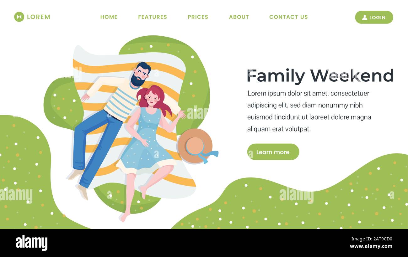 Family weekend flat landing page template. Happy couple characters spending time together lying on the grass at summer weekends or vacation. People in summer clothes, summer day vector illustration. Stock Vector