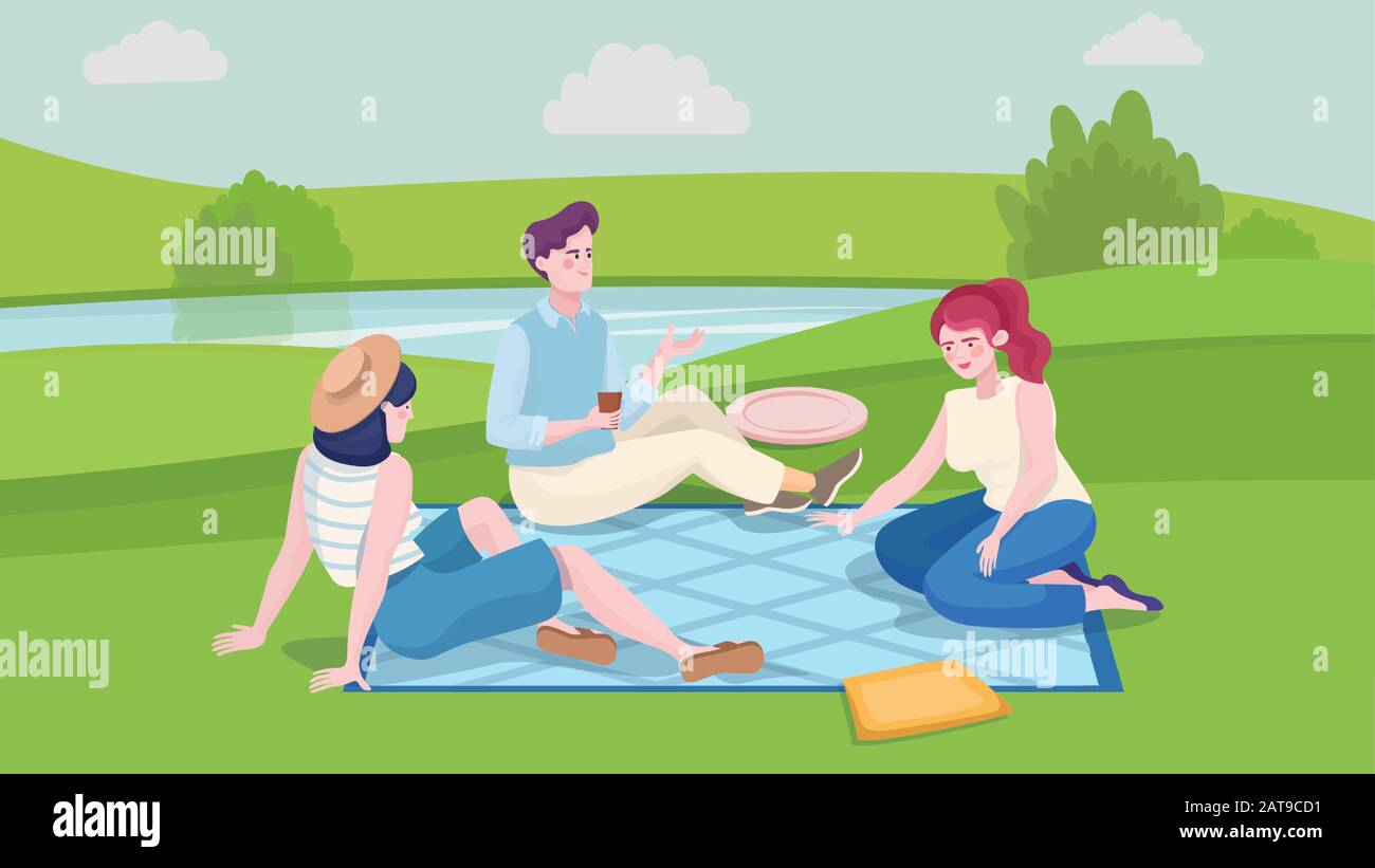 Happy young man and two girls spending time together at summer picnic near the lake. Friends in comfortable clothes relaxing at summer weekends, vacation outdoor in the park vector flat illustration. Stock Vector