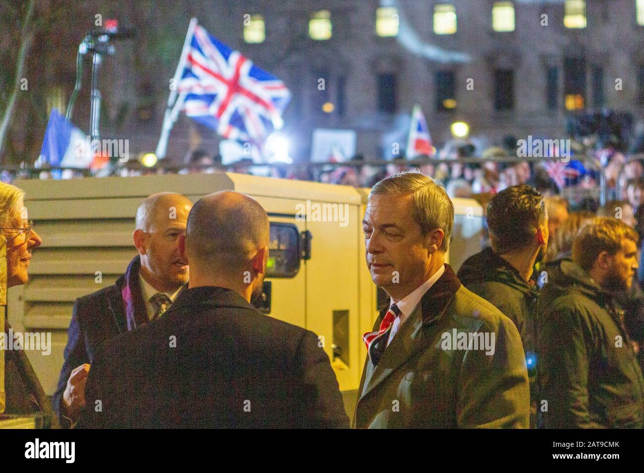 Westminster, London, UK. 31st Jan, 2020. Nigel Farage and Ann Widdecombe backstage before speaking at Parliament Square as Britain prepares to leaves the European Union. Penelope Barritt/Alamy Live News Stock Photo