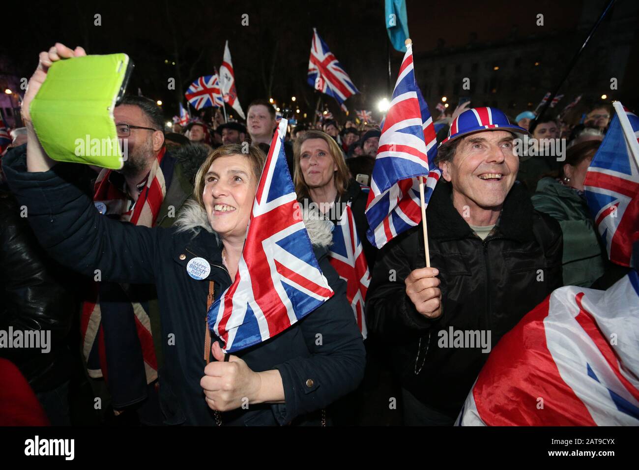 Pro-Brexit supporters in Parliament Square, London, as the UK prepares to leave the European Union, ending 47 years of close and sometimes uncomfortable ties to Brussels. Stock Photo
