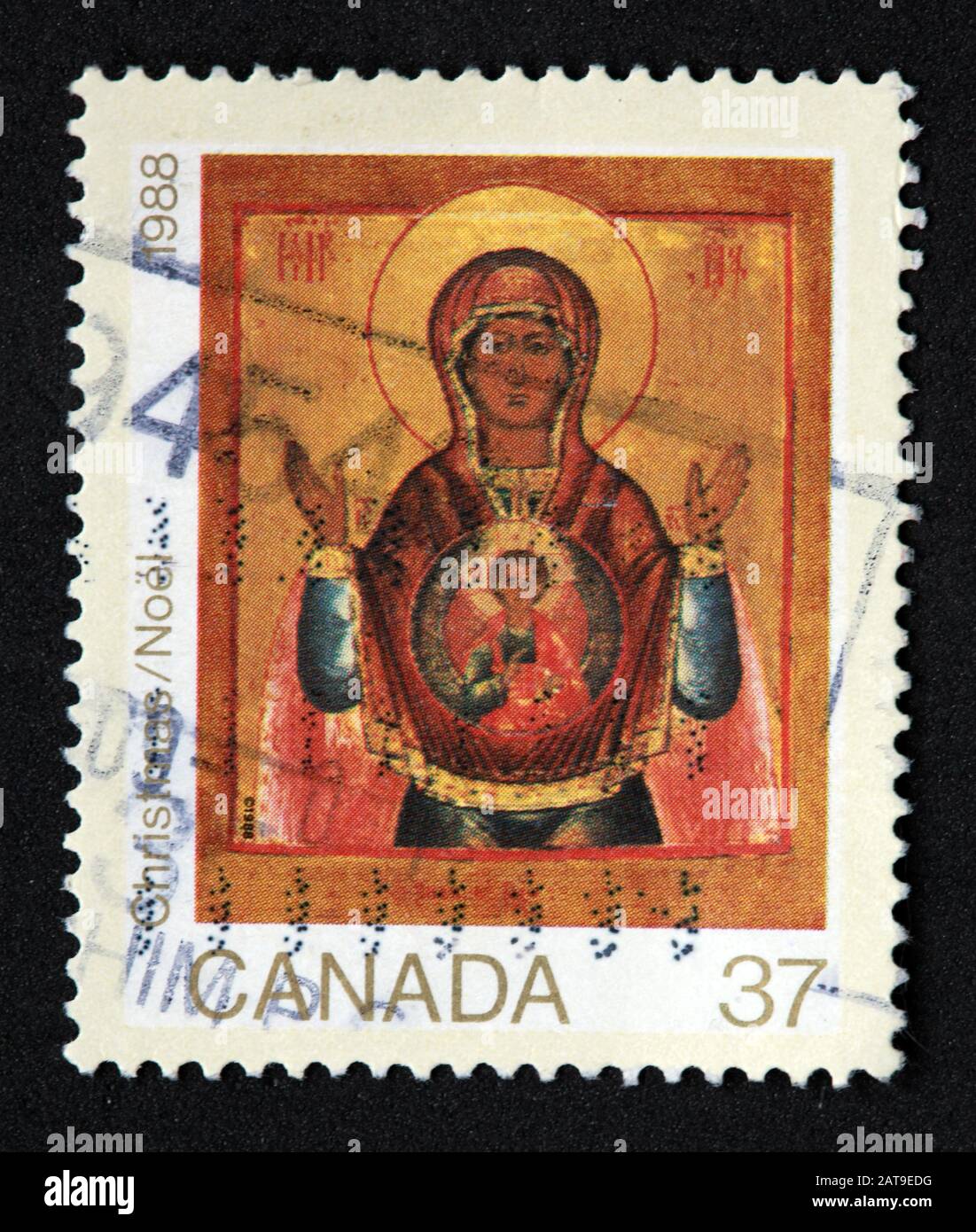 Canadian Stamp, Canada Stamp, Canada Post,used stamp, Canada 37c Christmas, Xmas, 1988 , angel,Christ, stamp Stock Photo