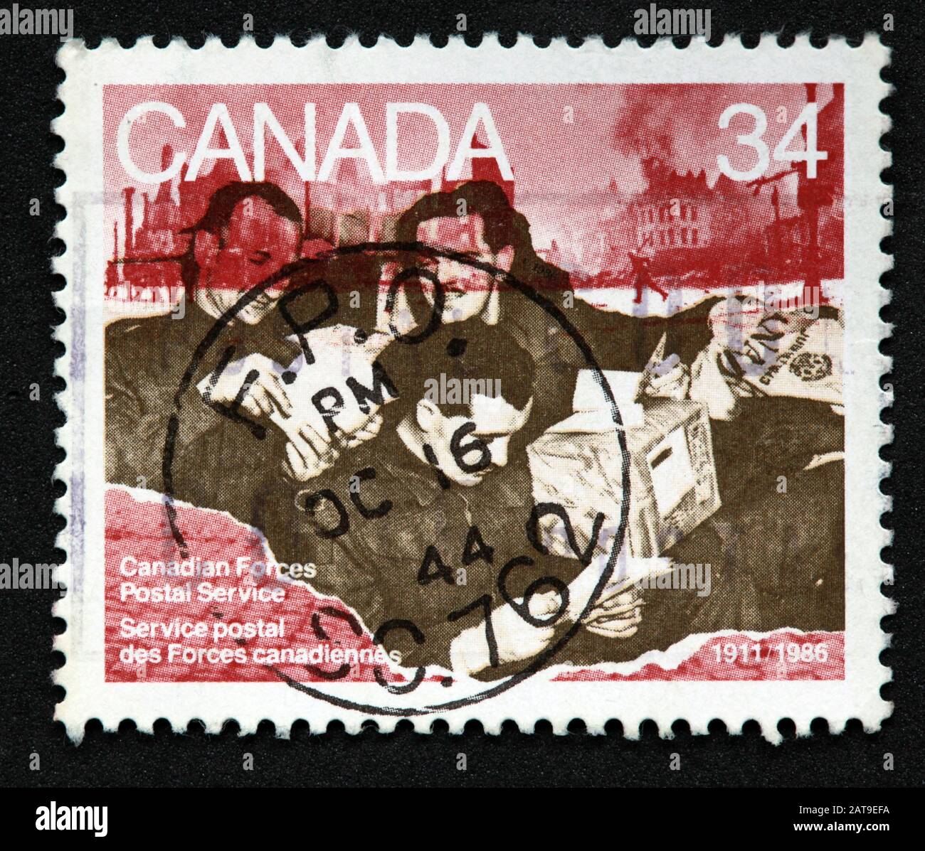 Canadian Stamp, Canada Stamp, Canada Post,used stamp, Stamp 34c, Canadian Forces Postal service, Service Postal des forces canadiennas Stock Photo