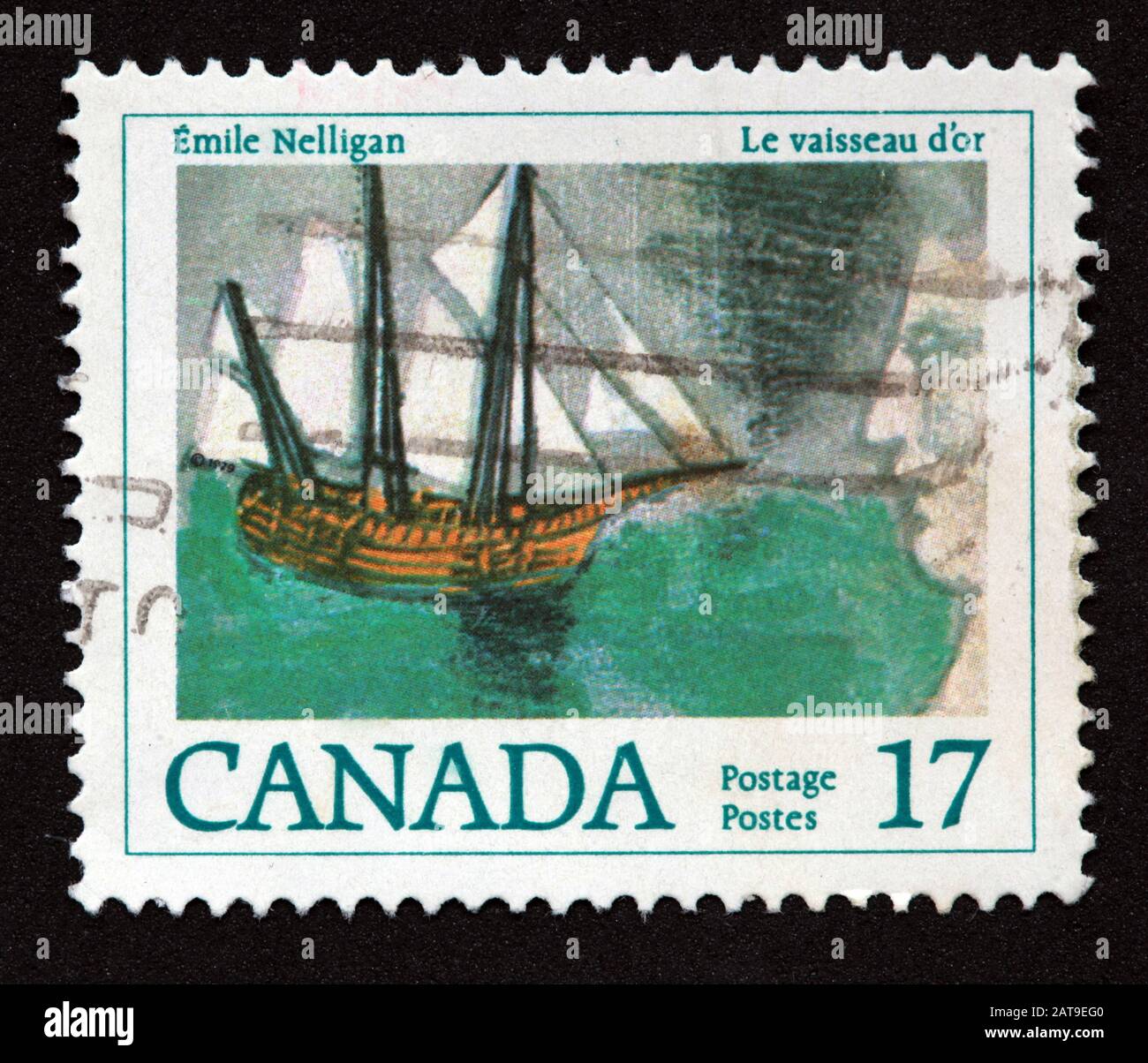 Canadian Stamp, Canada Stamp, Canada Post,used stamp, Emile Nelligan , Le vaisseau d'or Canada Postage, postes, 17, boat,ship Stock Photo