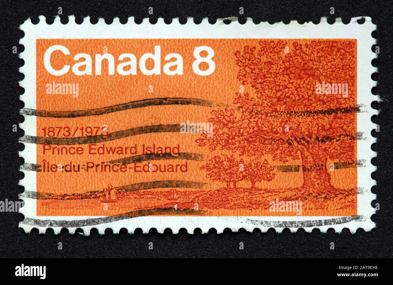 Canadian Stamp, Canada Stamp, Canada Post,used stamp, Canada 8c,8cent, , 1873-1973, Prince Edward Island, ile du prince-edouard,Orange,Orange Stamp Stock Photo