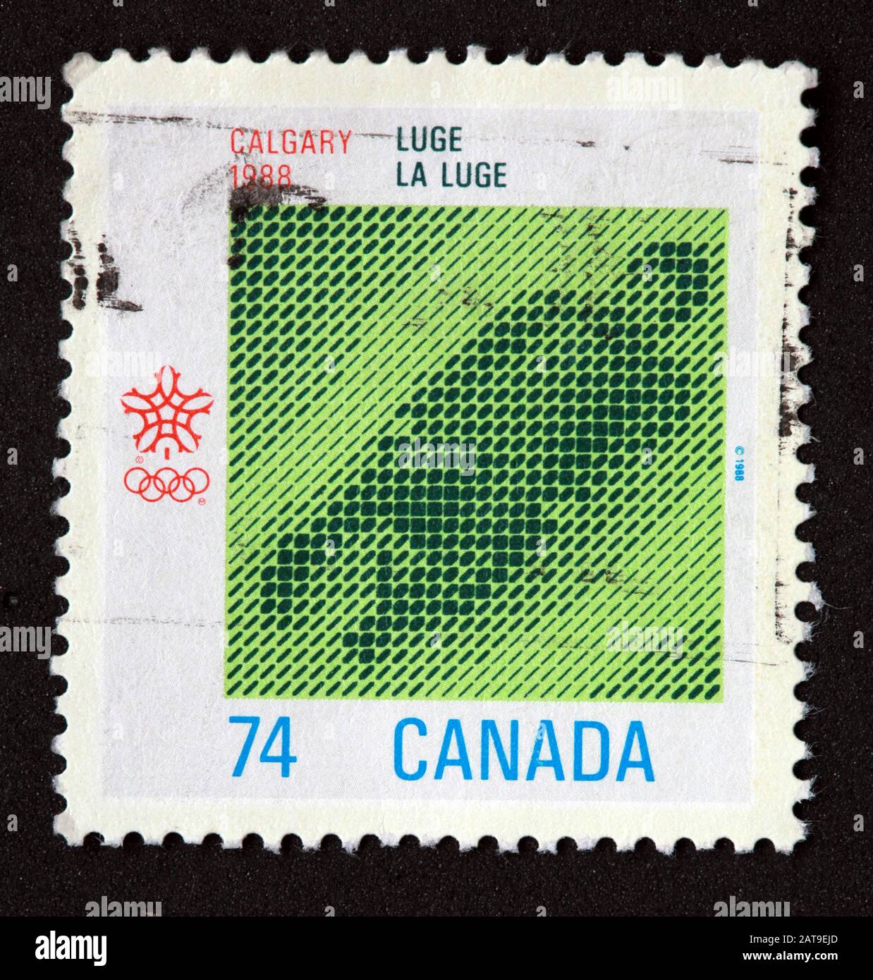 Canadian Stamp, Canada Stamp, Canada Post,used stamp, 1988 , Calgary 1988, luge, la luge, 74, 74c Stock Photo